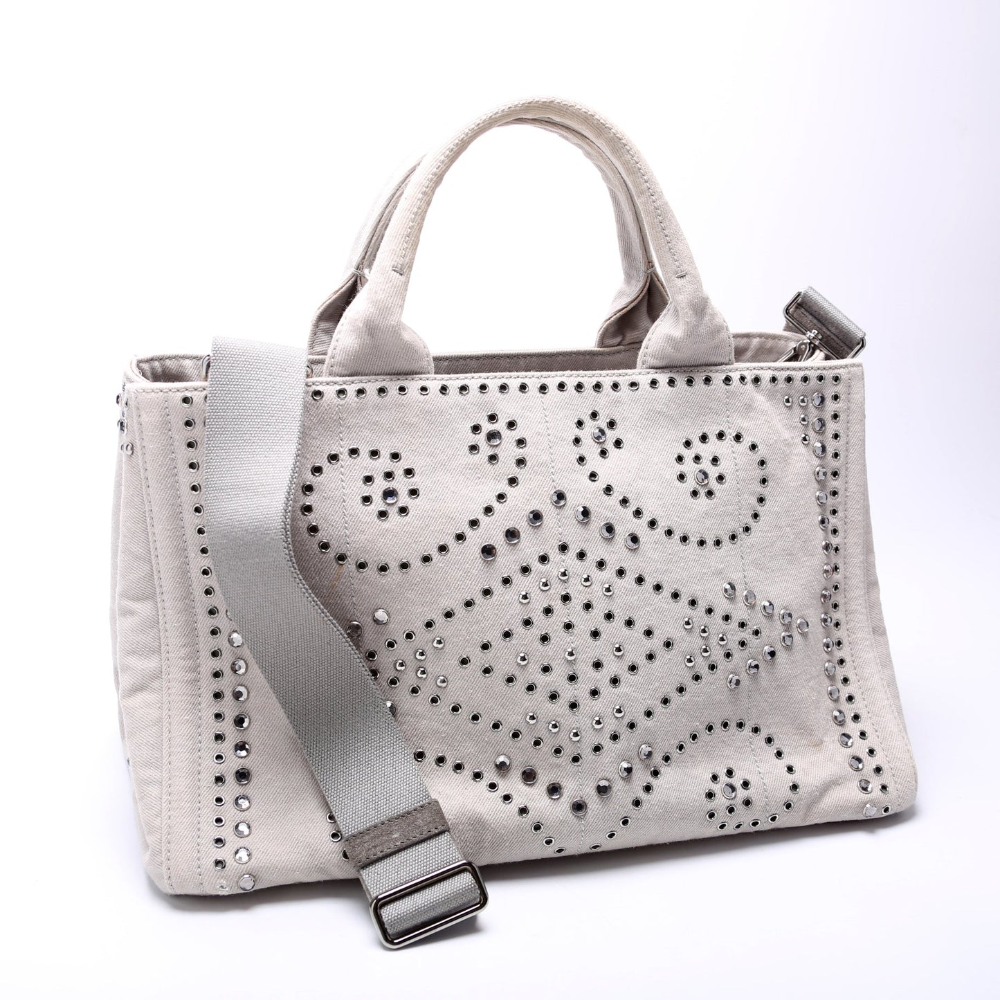 Prada Canapa Studded Tote Grey Bag Canvas Tote Bag