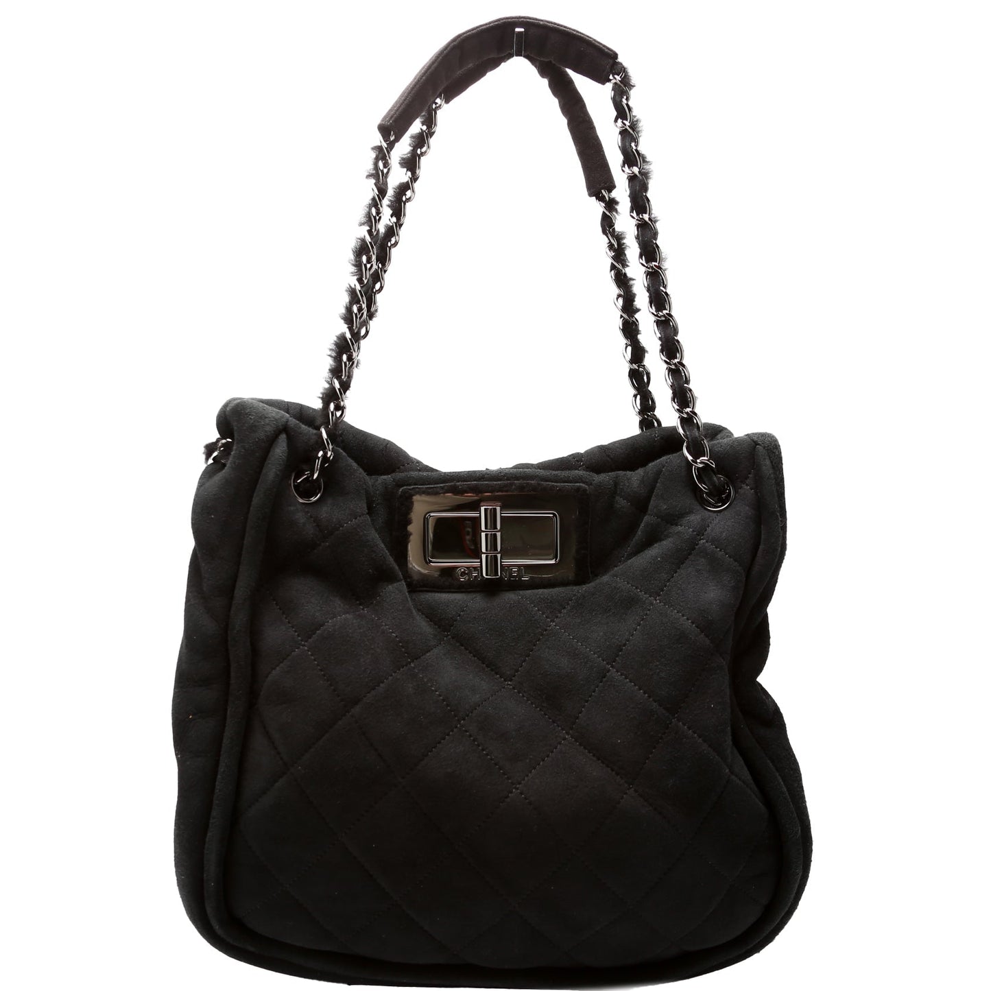 Chanel Mademoiselle Shearling Quilted 9M Black Tote Bag