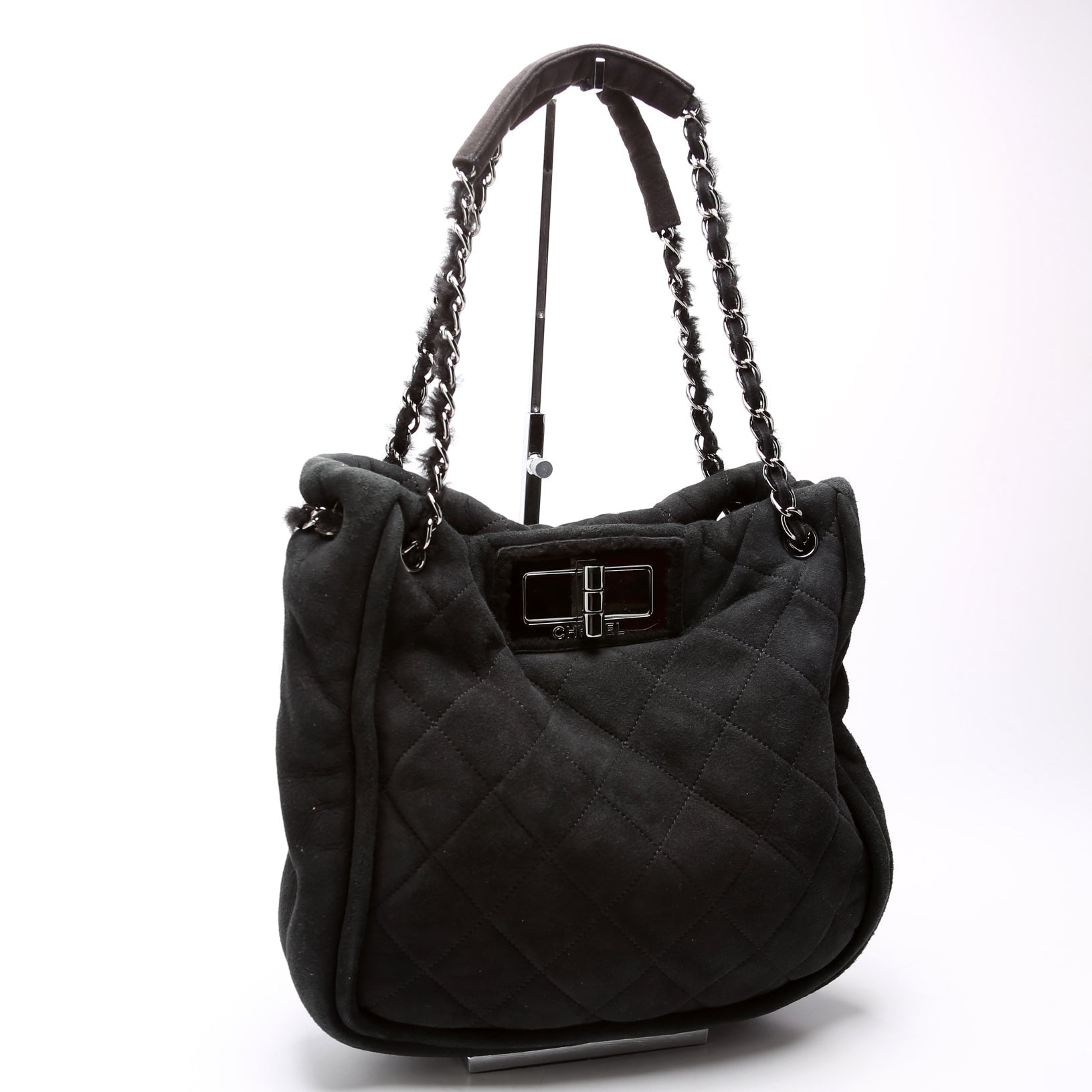 Chanel Mademoiselle Shearling Quilted 9M Black Tote Bag