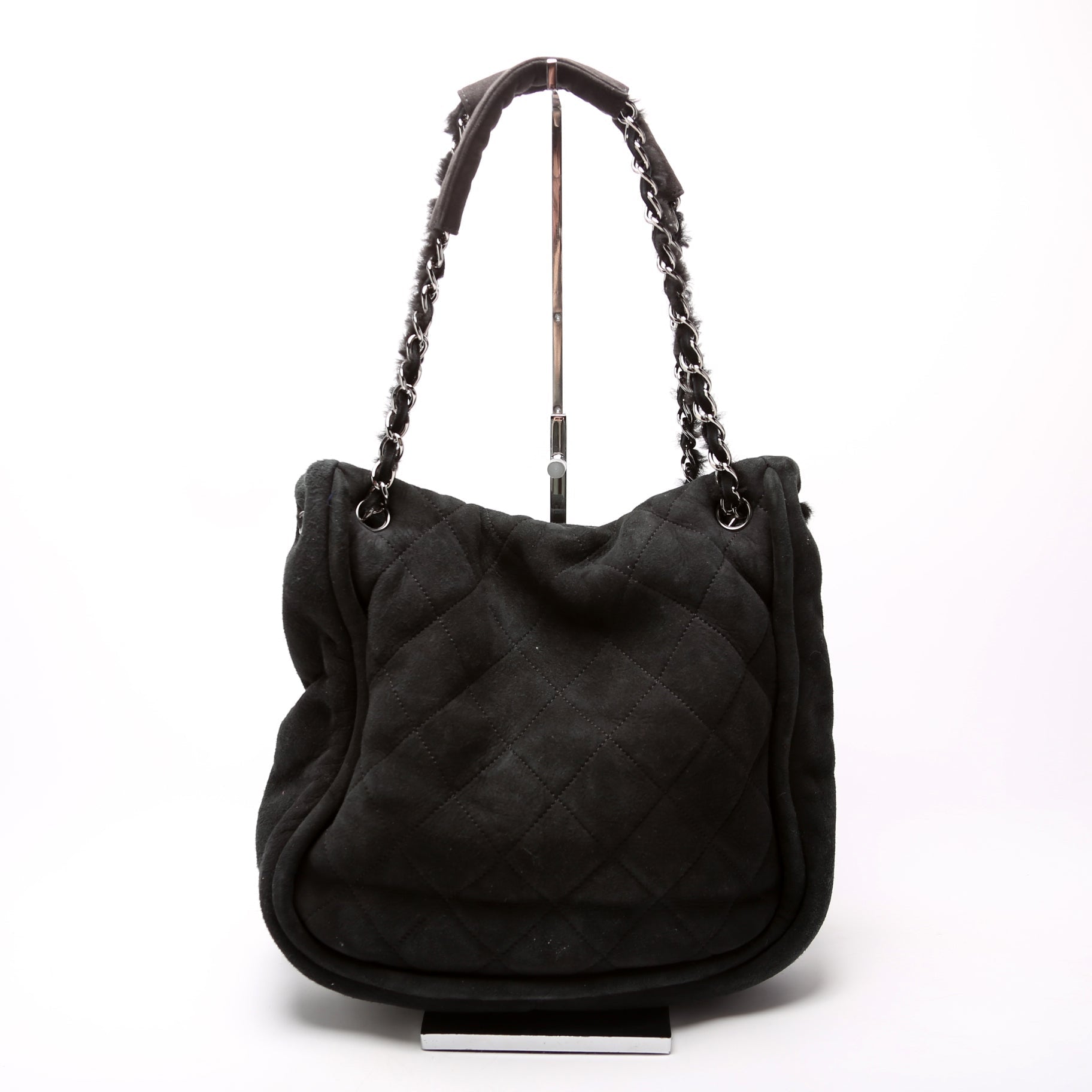 Chanel Mademoiselle Shearling Quilted 9M Black Tote Bag
