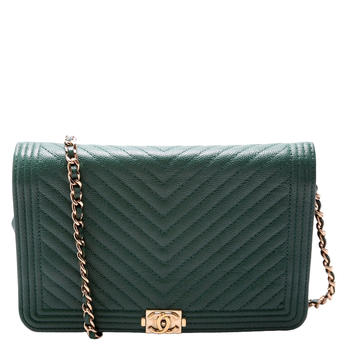 Chanel On Boy Chevron Caviar Green Leather Wallet Case