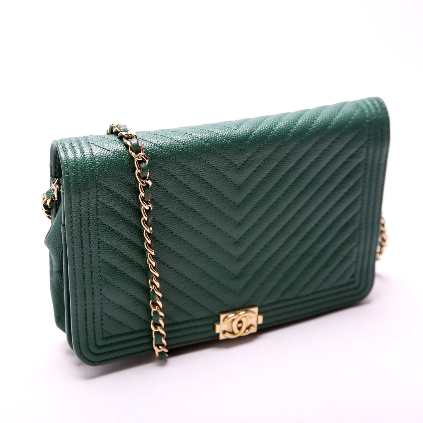 Chanel On Boy Chevron Caviar Green Leather Wallet Case