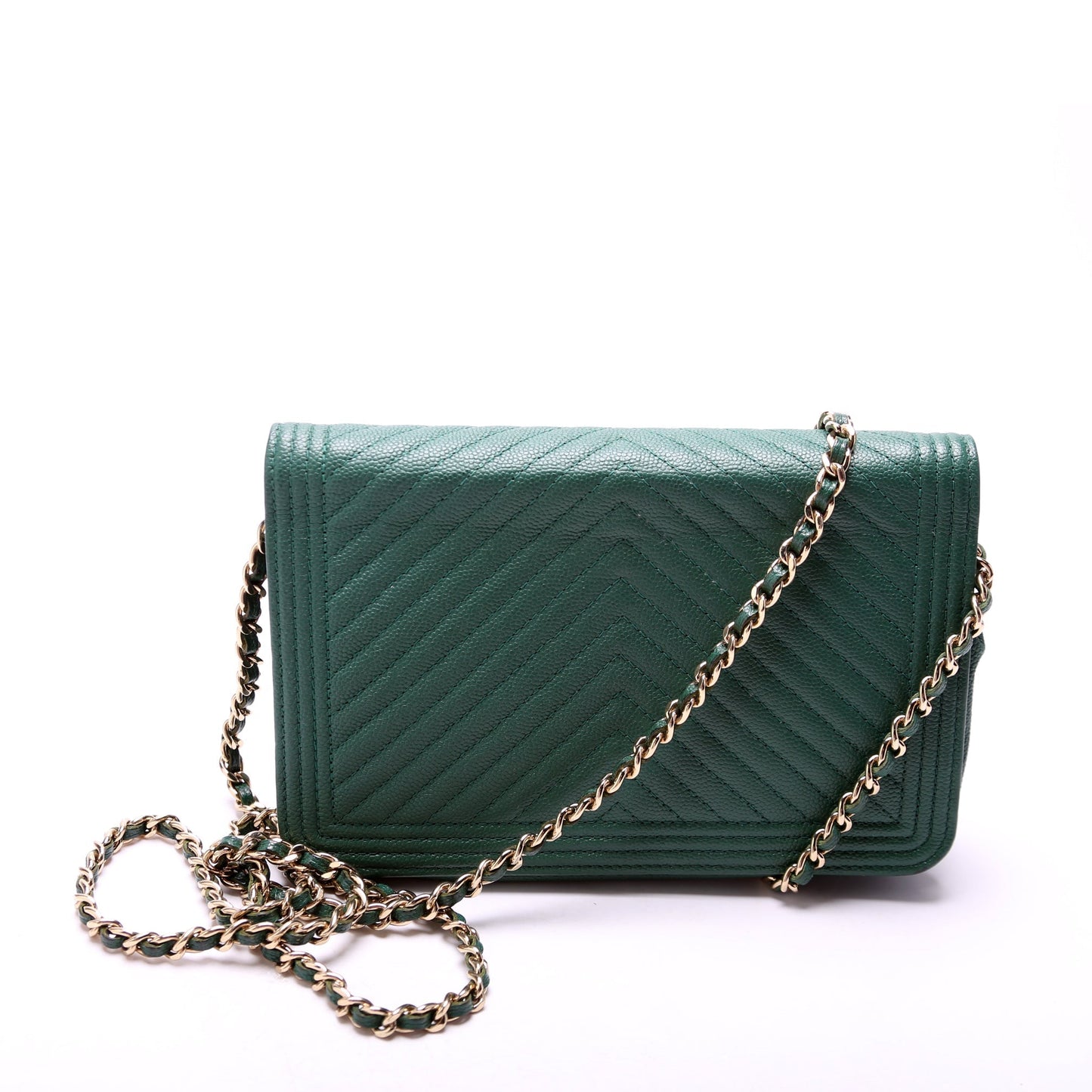 Chanel On Boy Chevron Caviar Green Leather Wallet Case