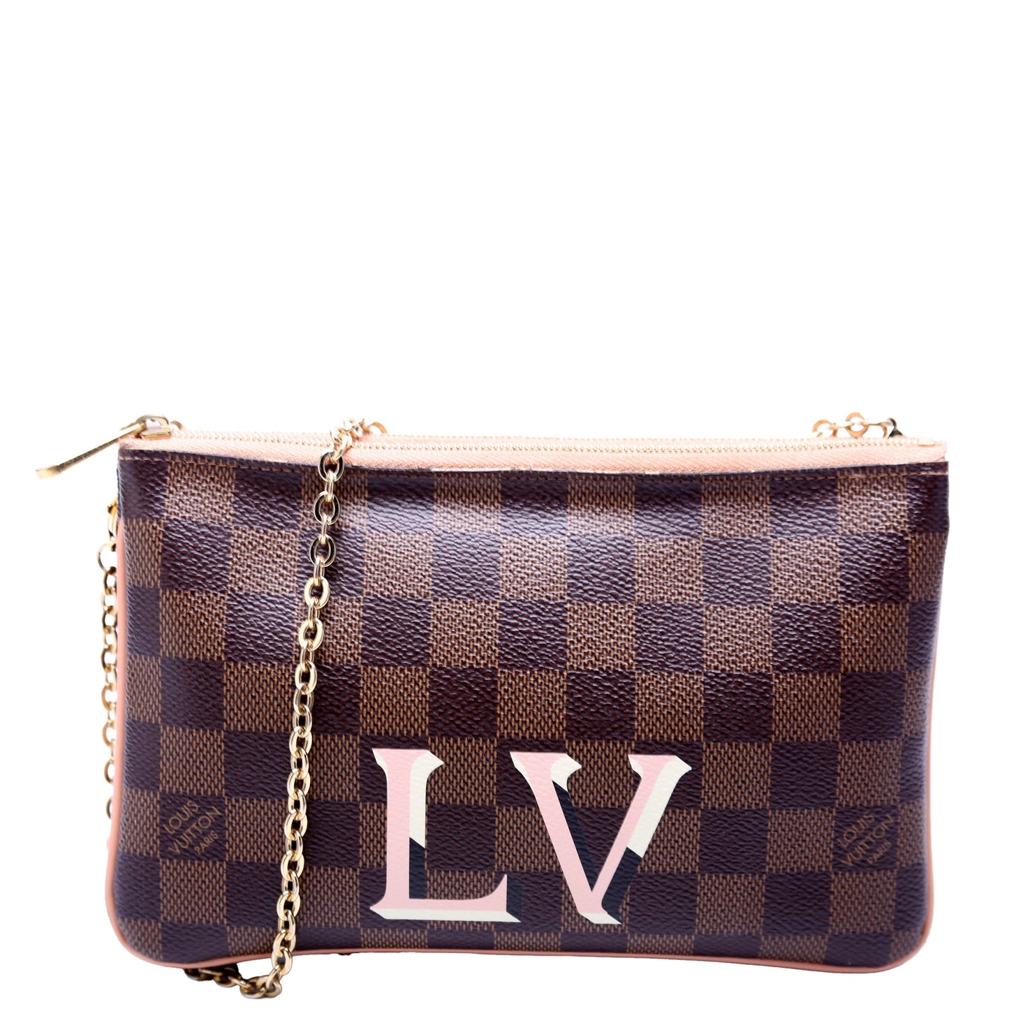 Louis Vuitton Pochette Double Zip Ebene Peach Damier Clutch Bag