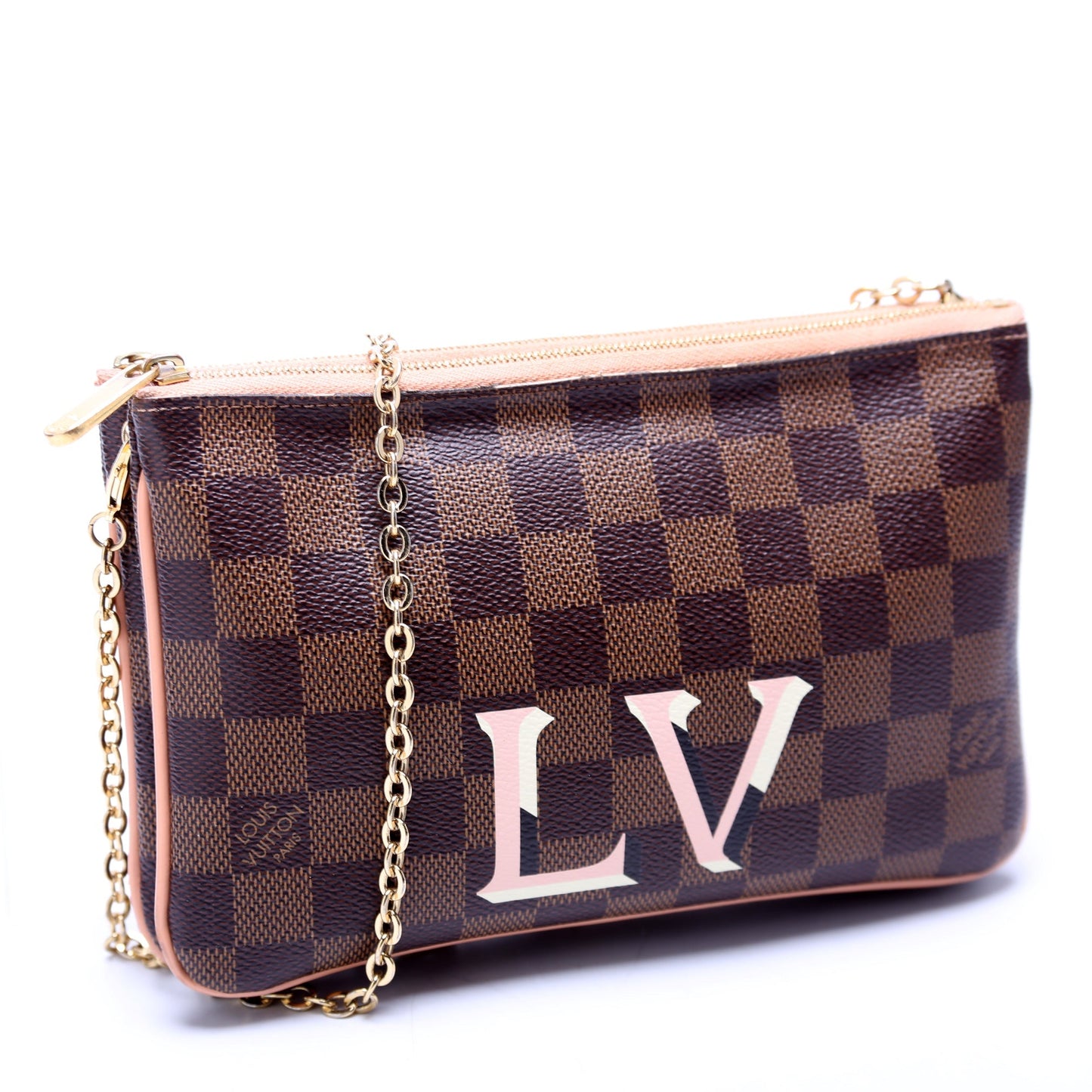 Louis Vuitton Pochette Double Zip Ebene Peach Damier Clutch Bag