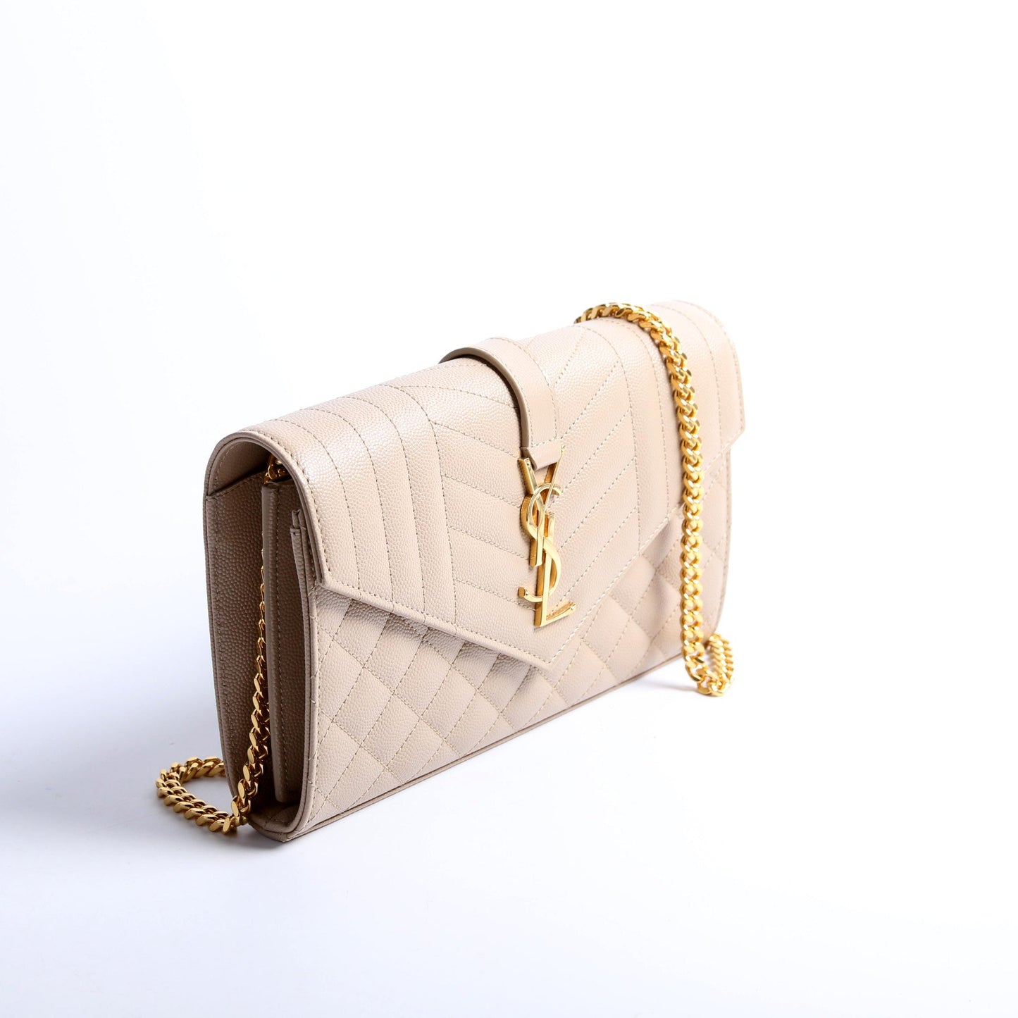 YSL Saint Laurent Saint Laurent Triquilt Grain De Poudre Wallet Tan Chain Travel Bag