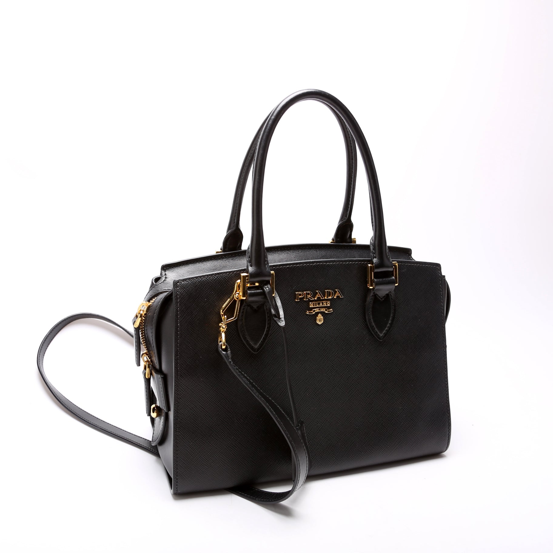 Prada Saffiano Soft Calfskin Top Handle Bag Black Small Travel Bag