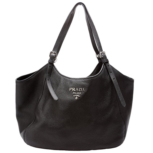 Prada Vitello Daino Shoulder Bag Leather Black Black Bag