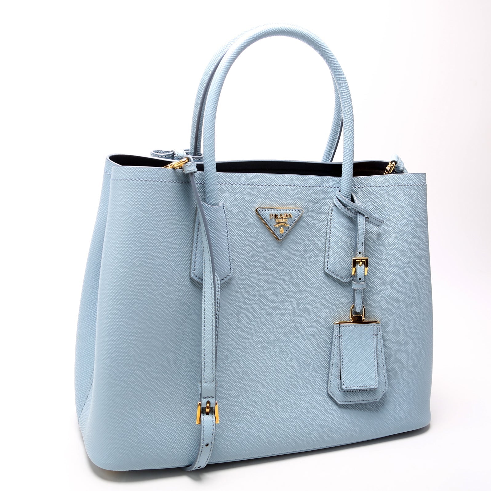 Prada Saffiano Cuir Double Bag Blue Medium Travel Bag