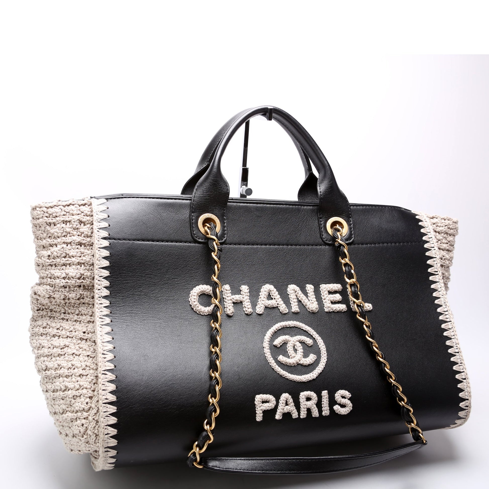 Chanel Deauville Calfskin Crochet Black Tote Bag