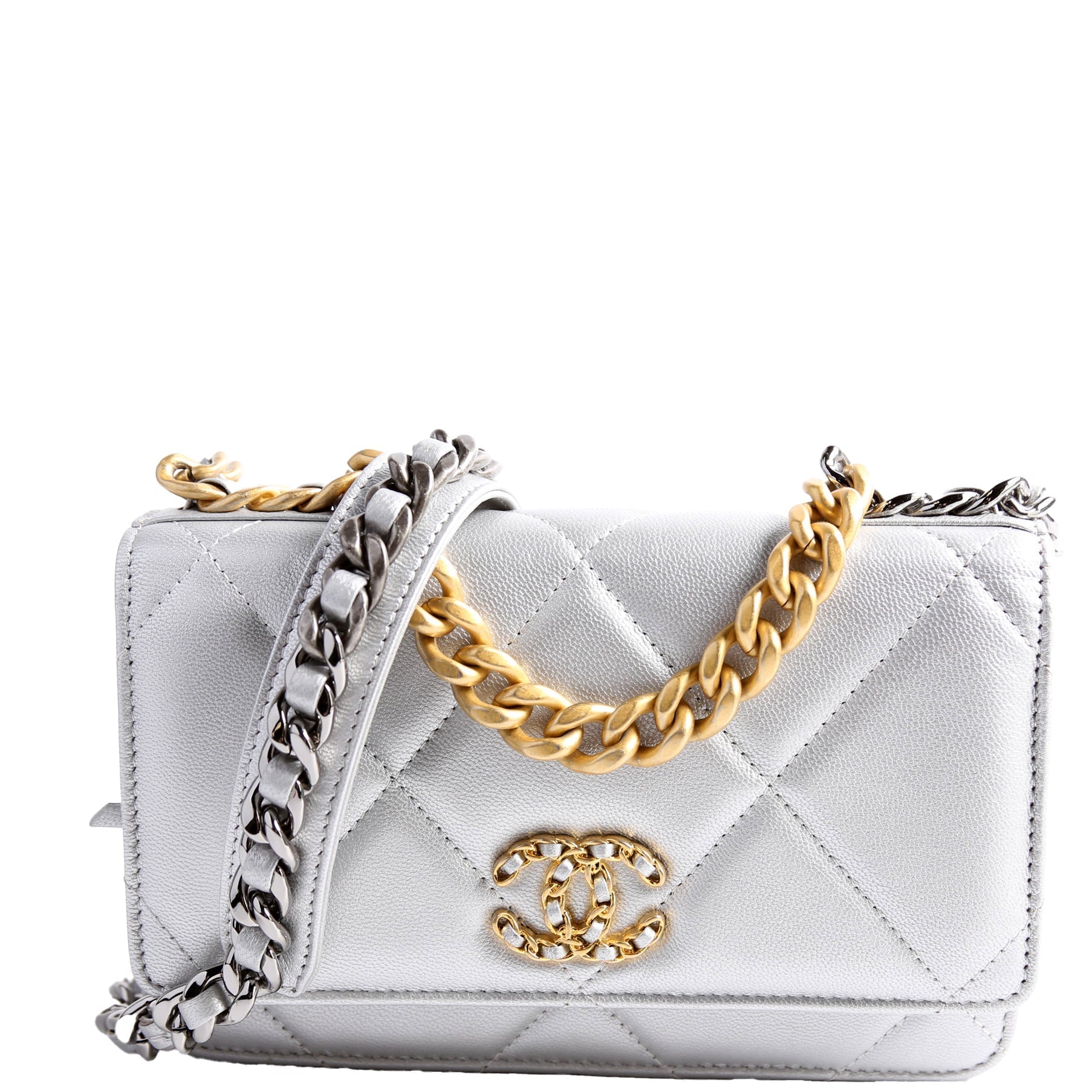 Chanel 19 WOC Quilted Lambskin 30M Silver Clutch Bag