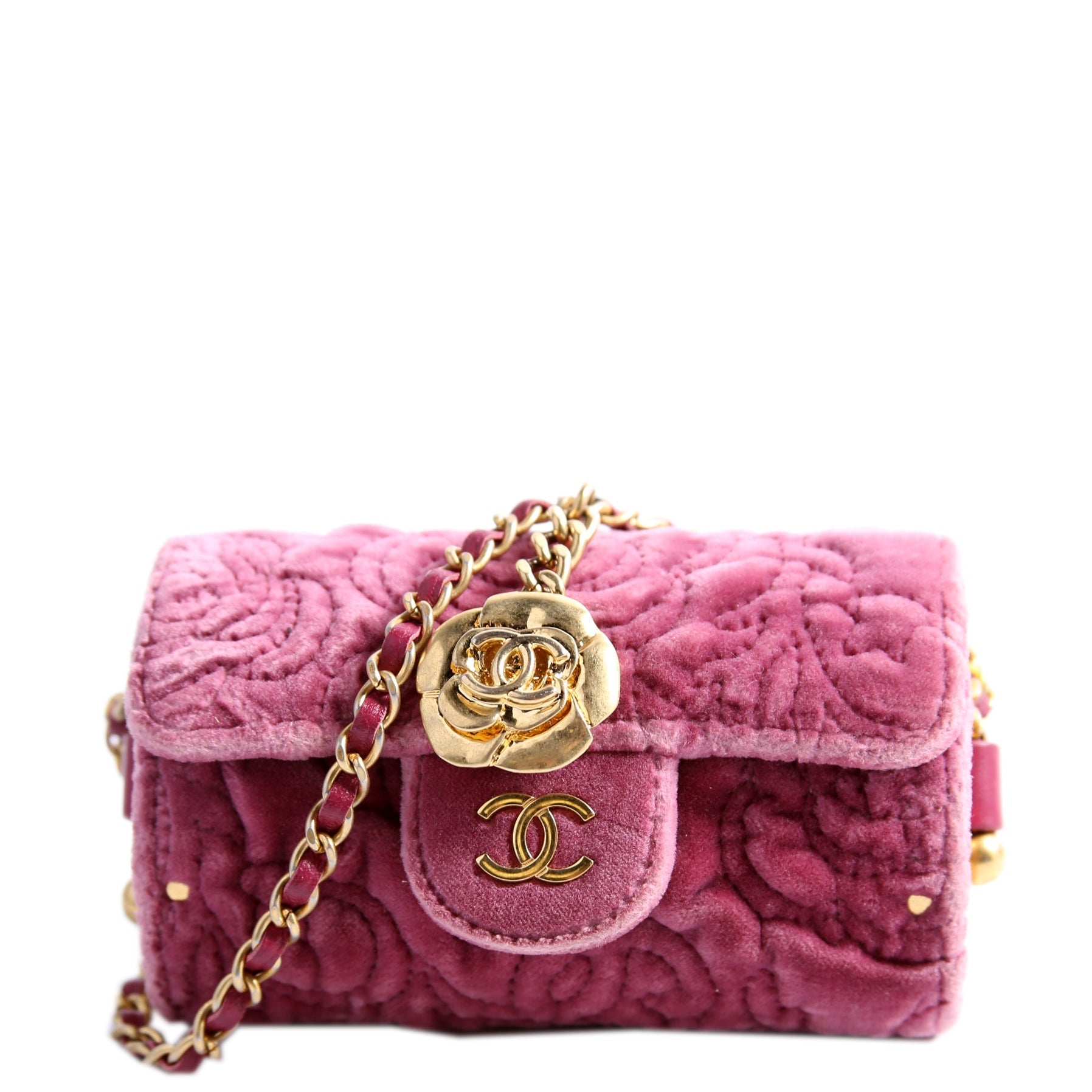 Chanel Camellia Embossed Velvet Jewel Belt Card Holder With Chain Mauve