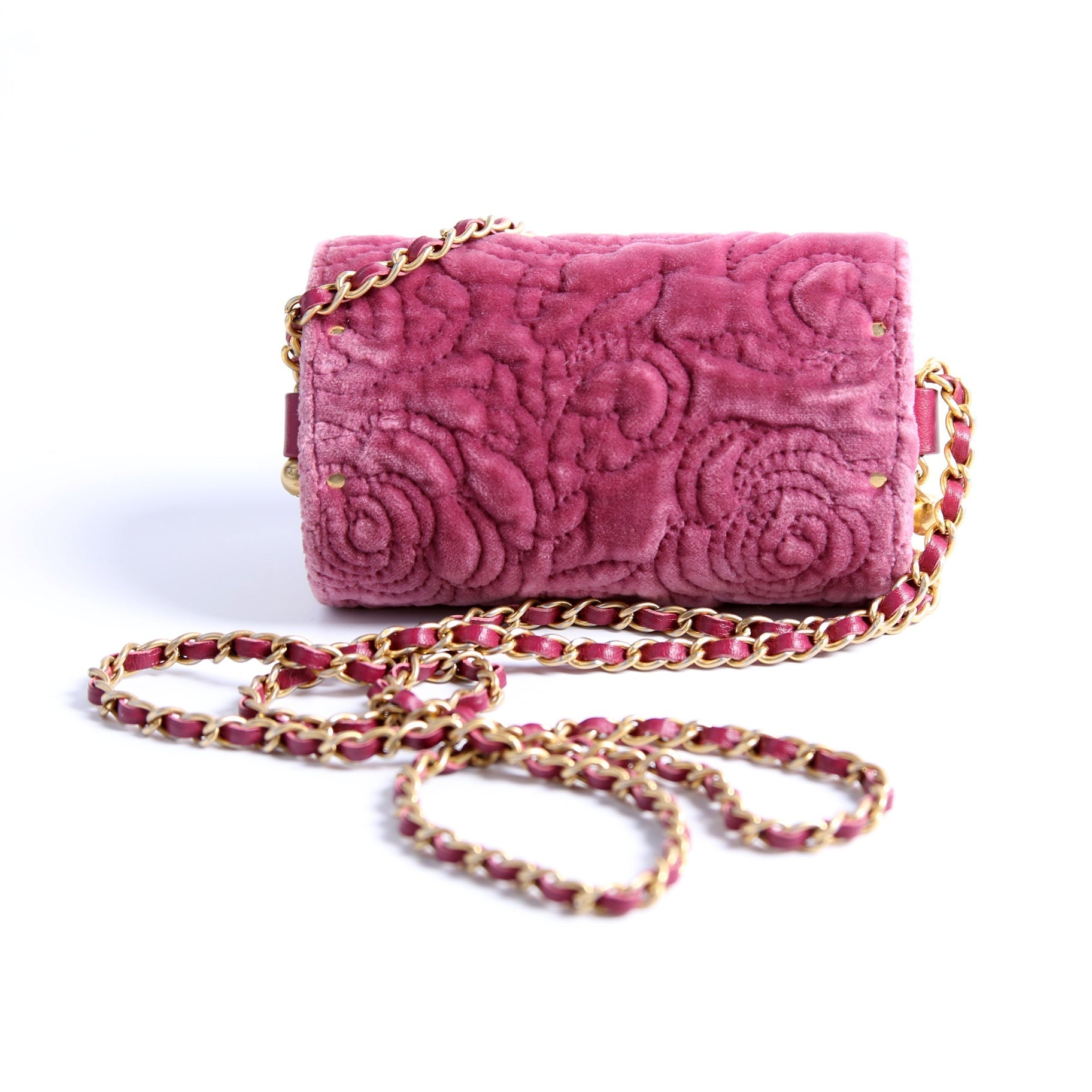 Chanel Camellia Embossed Velvet Jewel Belt Card Holder With Chain Mauve