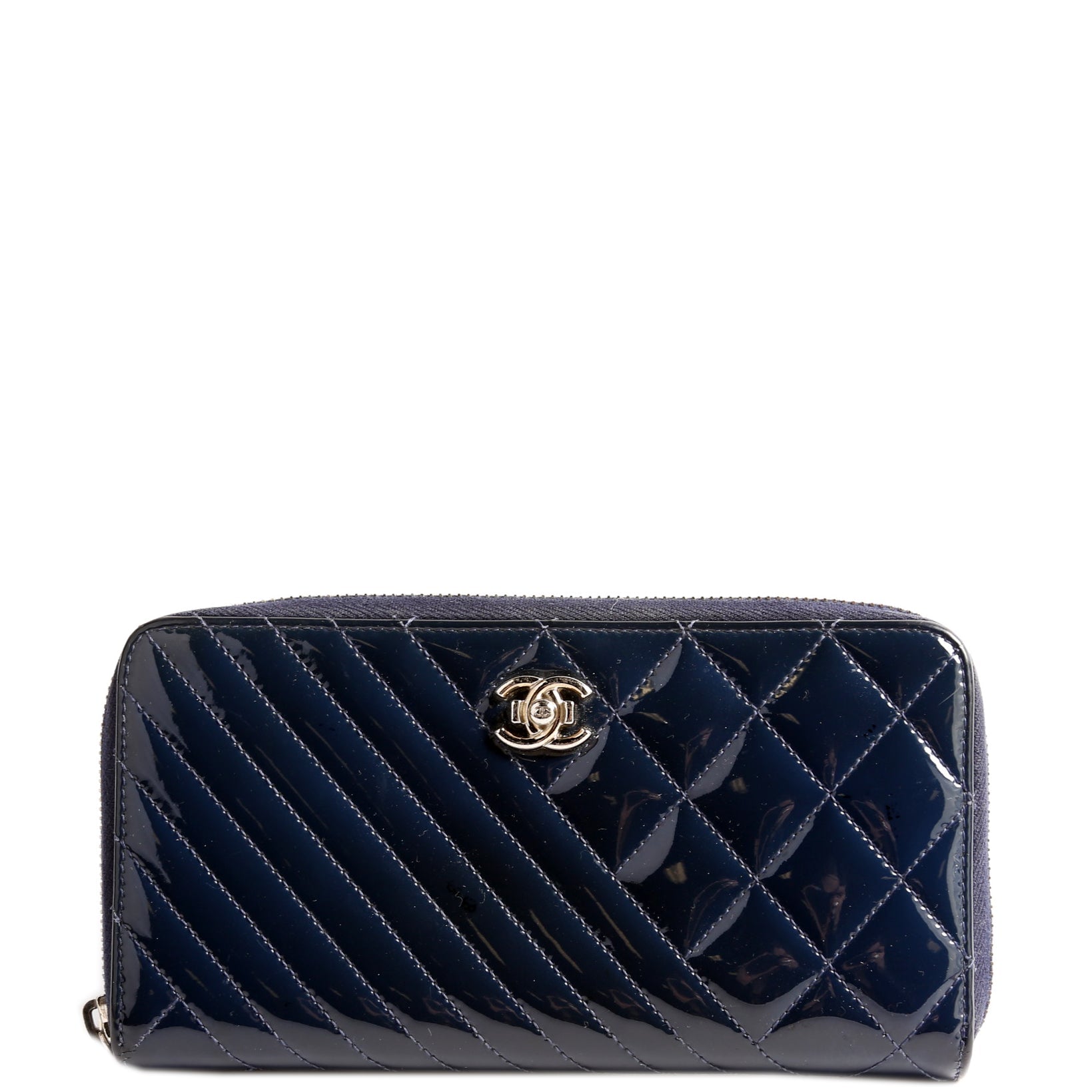 Chanel Coco Boy Patenet Zip Around Wallet Navy