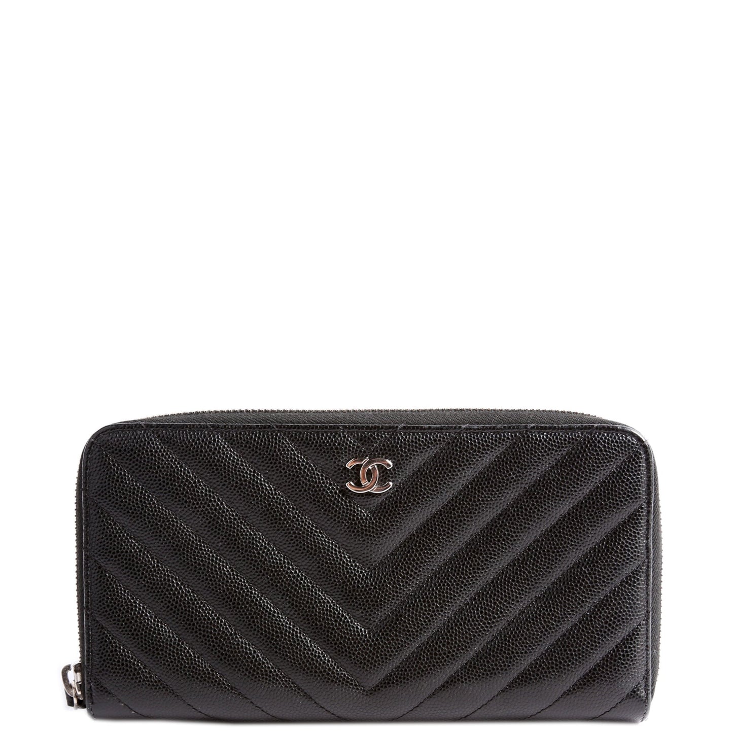 Chanel Chevron Caviar Large Gusset Zip Around Wallet 24M Black
