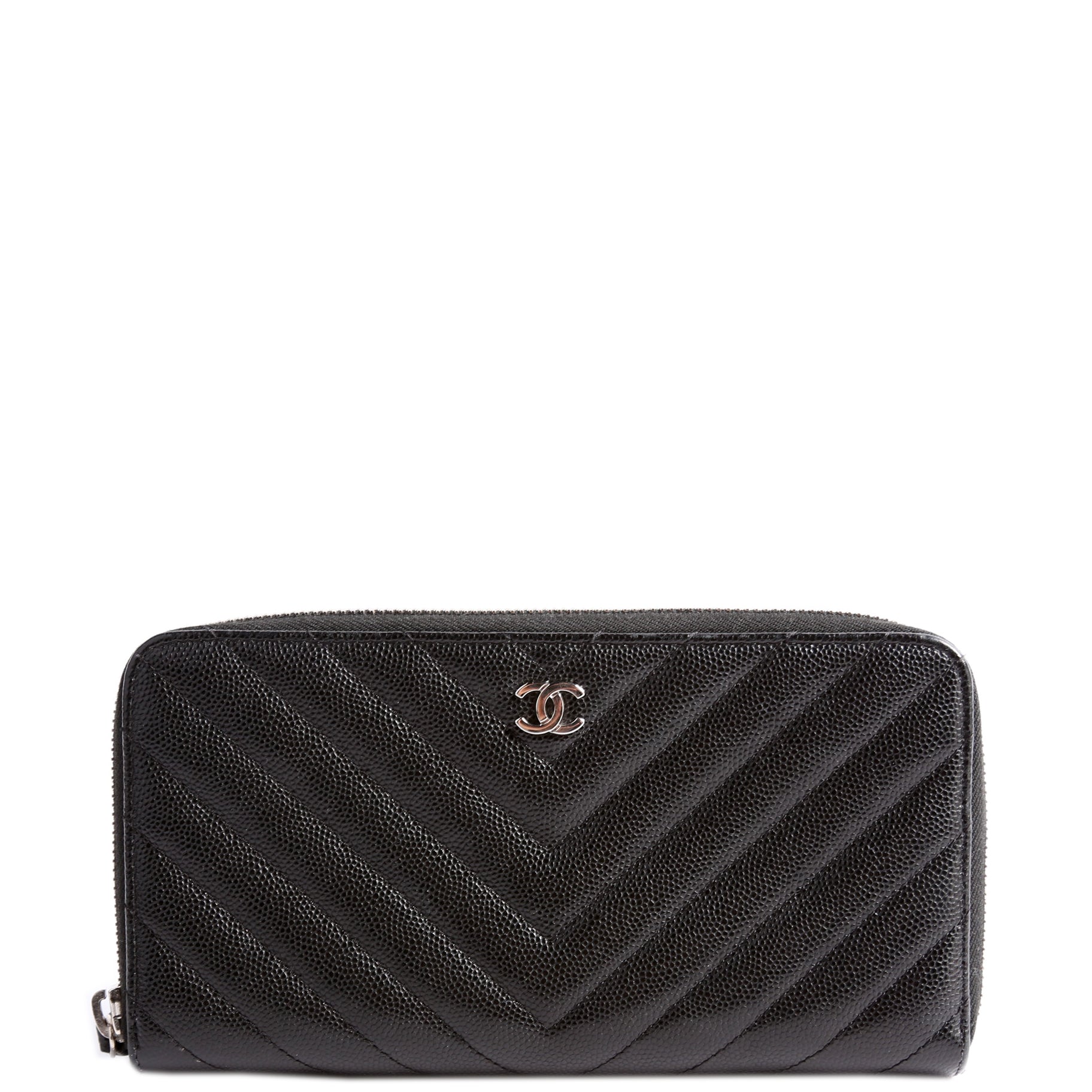Chanel Chevron Caviar Large Gusset Zip Around Wallet 24M Black