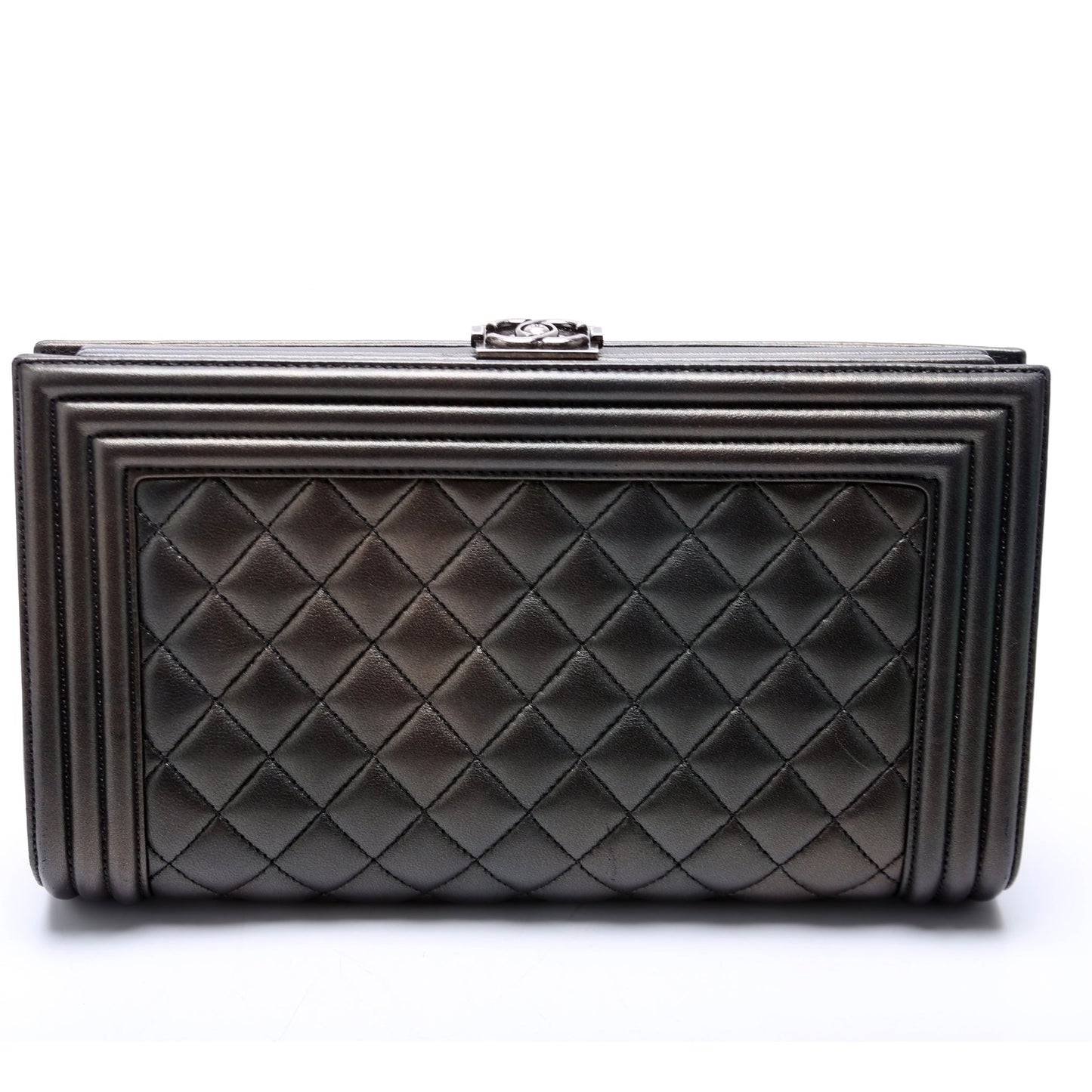 Chanel Boy Frame Clutch Metallic Lambskin 24M Grey