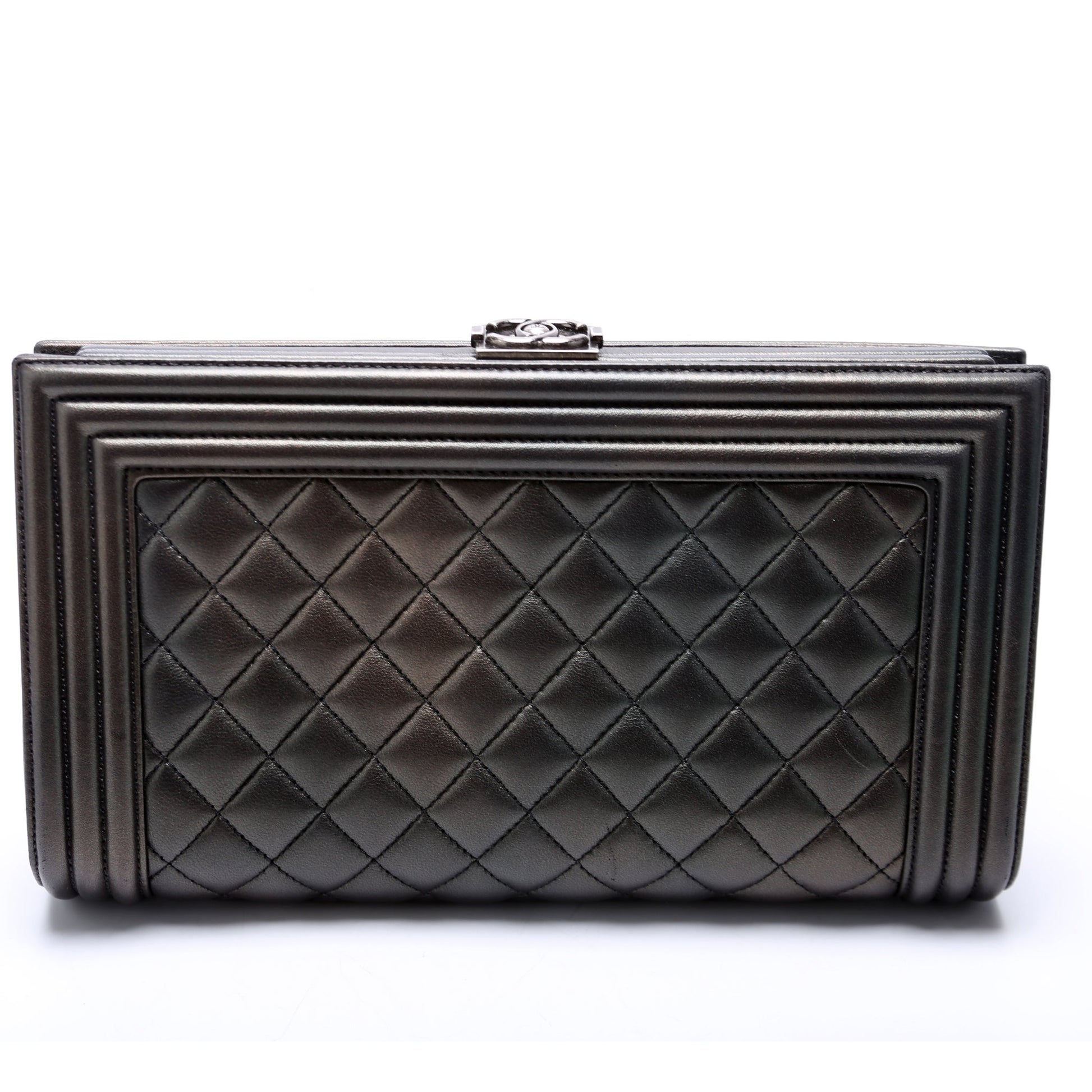 Chanel Boy Frame Clutch Metallic Lambskin 24M Grey
