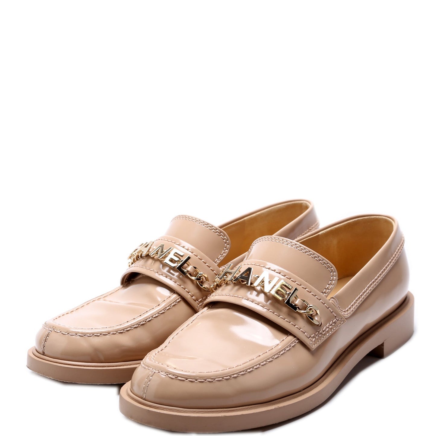 Chanel Chain Logo Shiny Calfskin Loafers Size 37 Nude