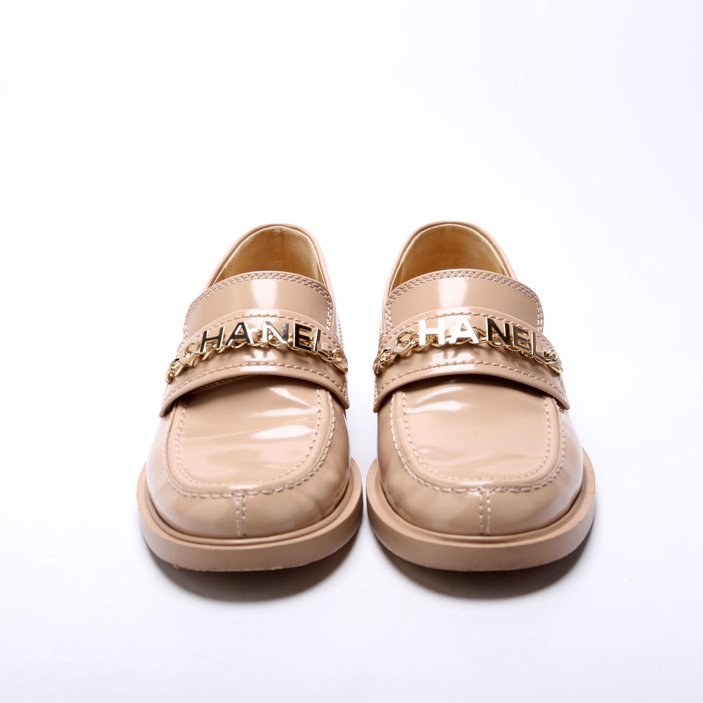 Chanel Chain Logo Shiny Calfskin Loafers Size 37 Nude