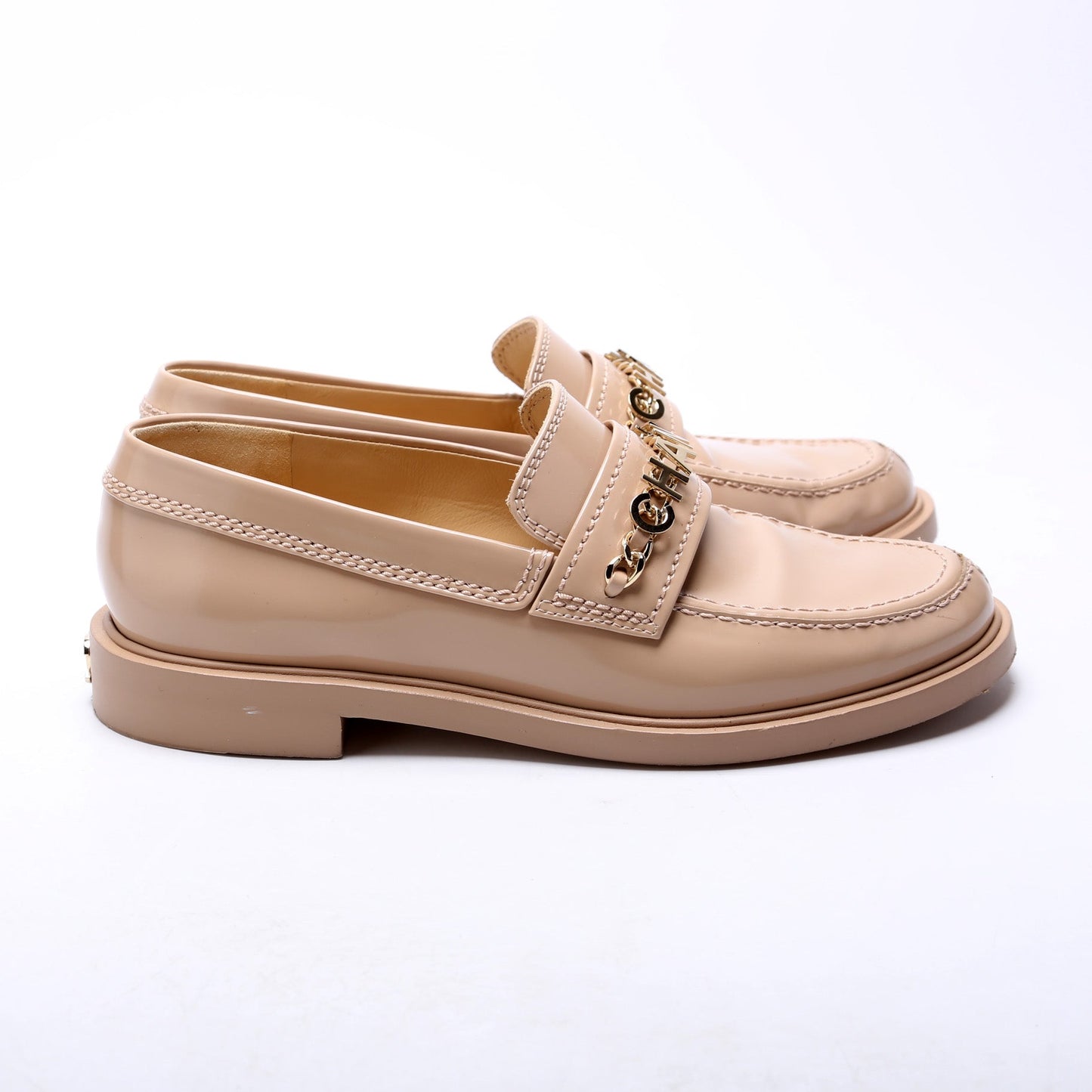 Chanel Chain Logo Shiny Calfskin Loafers Size 37 Nude