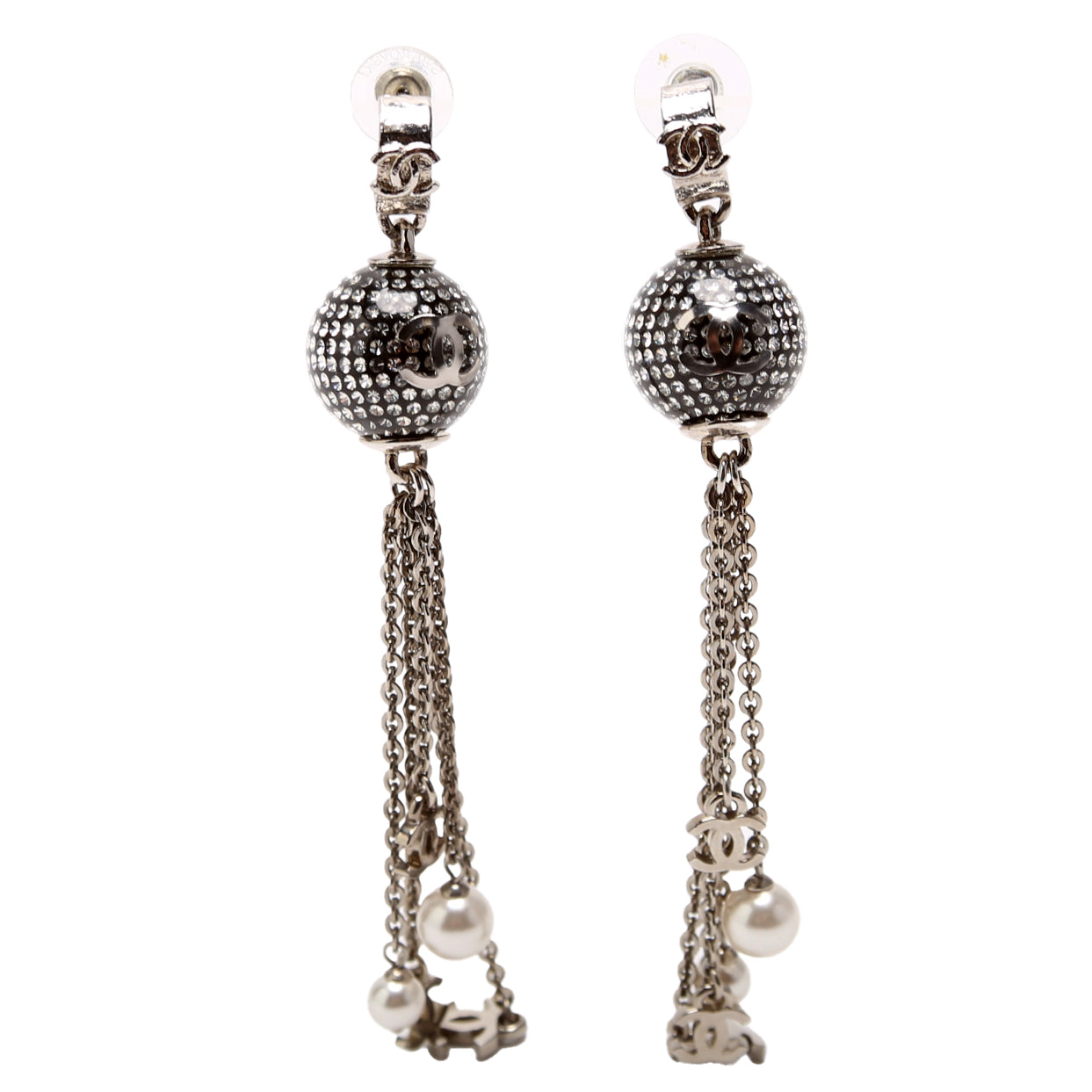 Chanel CC Disco Ball Drop Earrings Silver