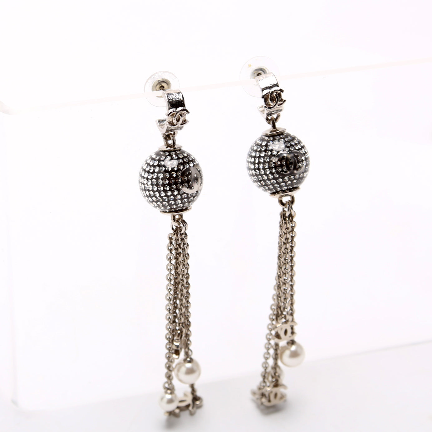 Chanel CC Disco Ball Drop Earrings Silver