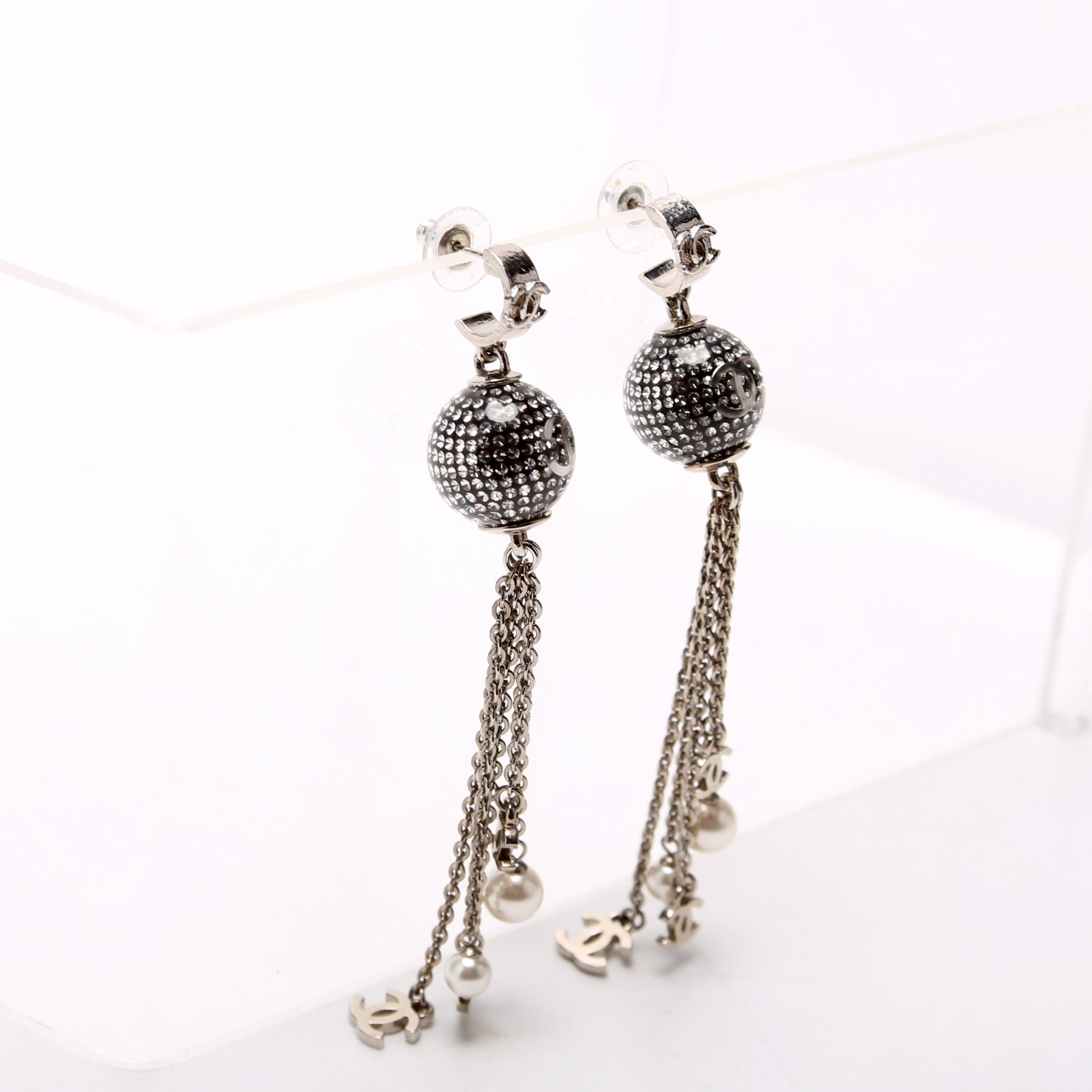 Chanel CC Disco Ball Drop Earrings Silver