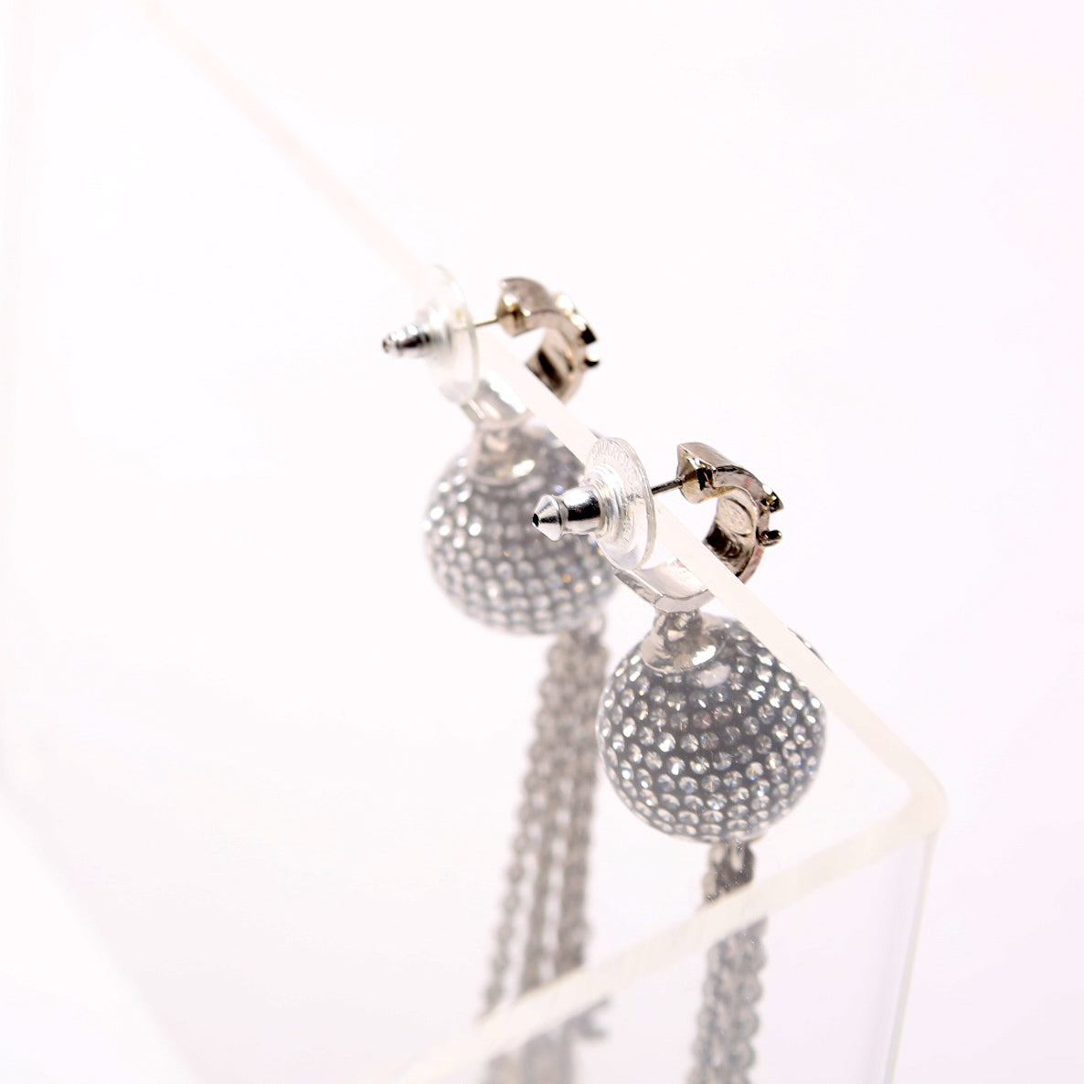 Chanel CC Disco Ball Drop Earrings Silver