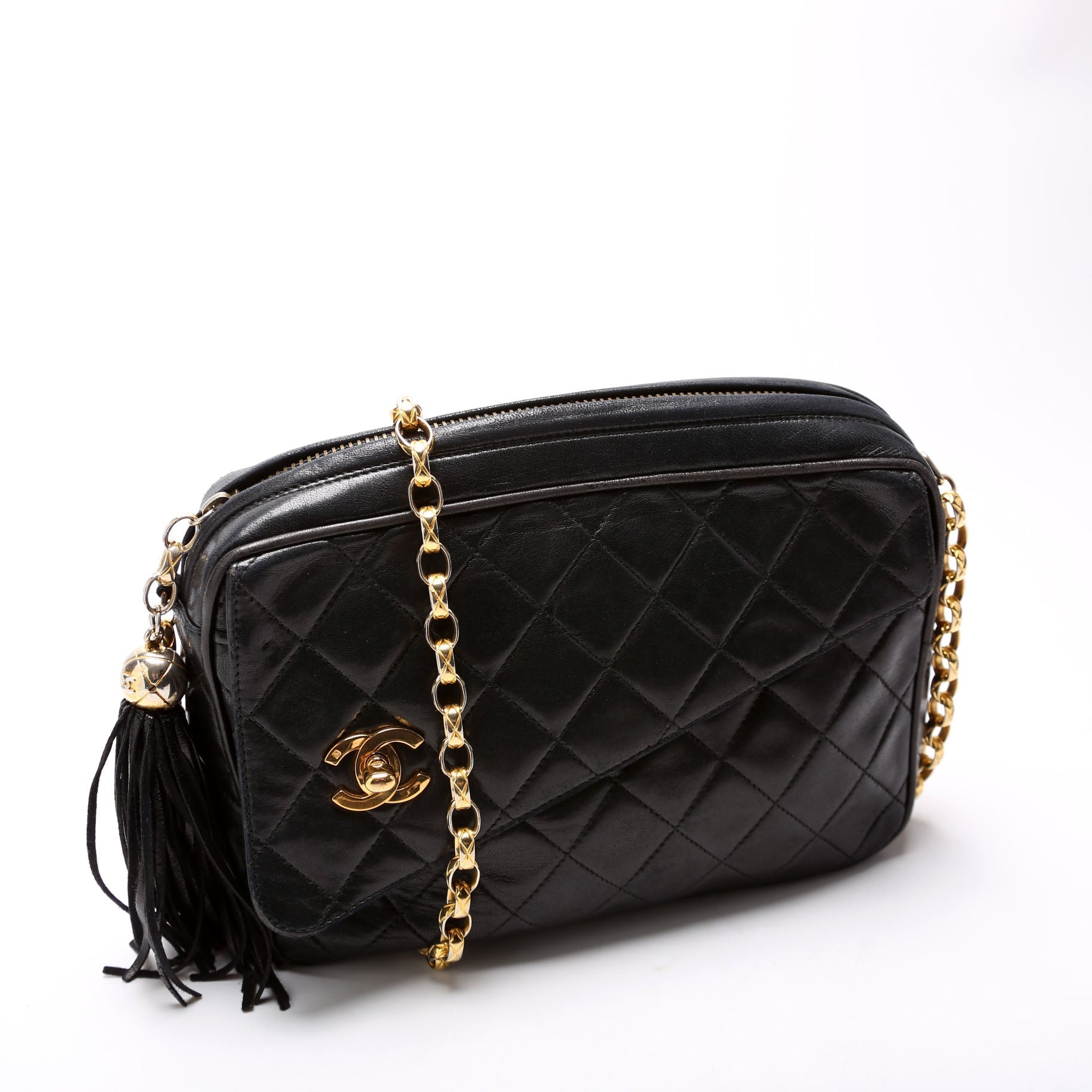 Chanel CC Diagonal Flap Tassel Camera Black Handbag