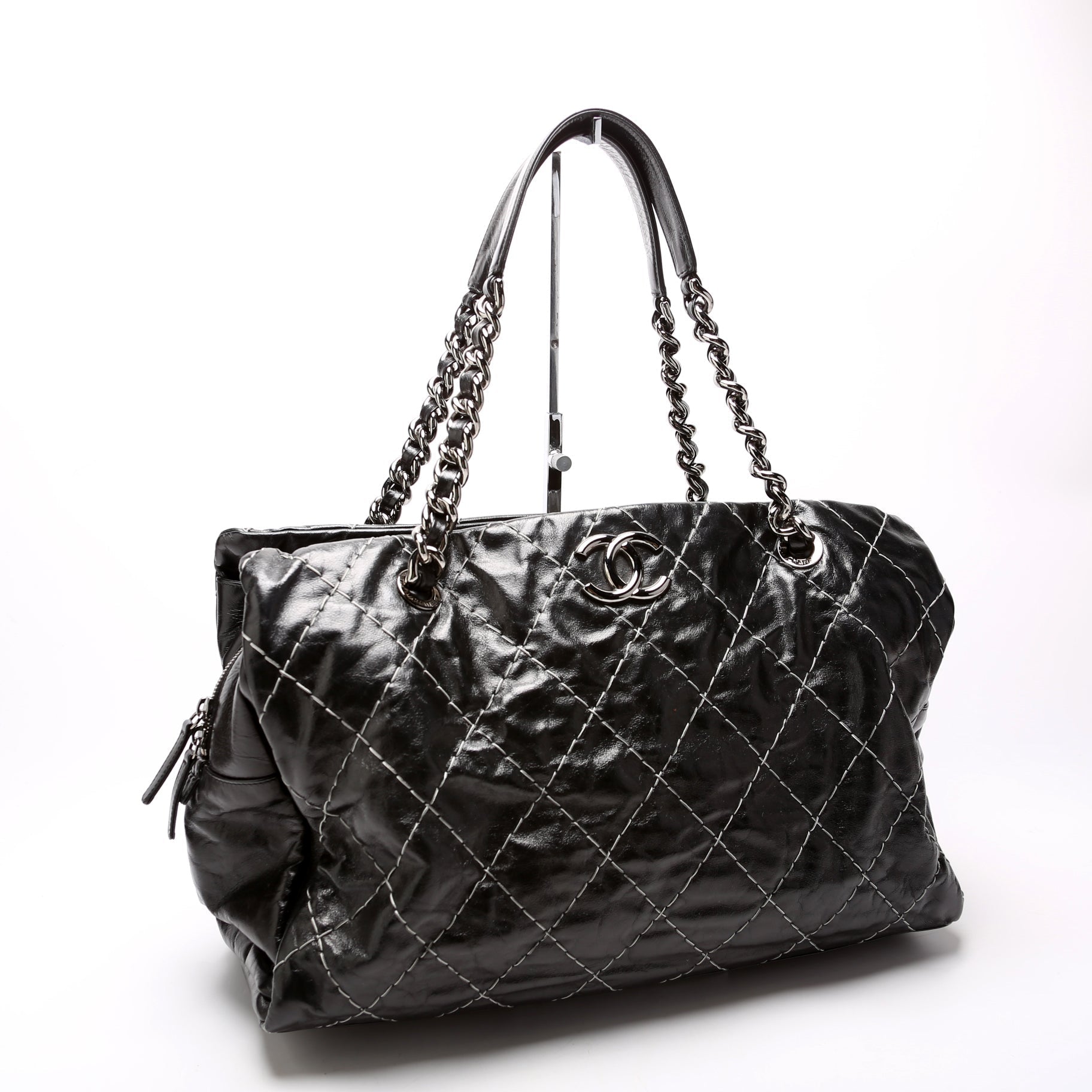 Chanel Double Contrast Stitch Goat 13M Black Tote Bag