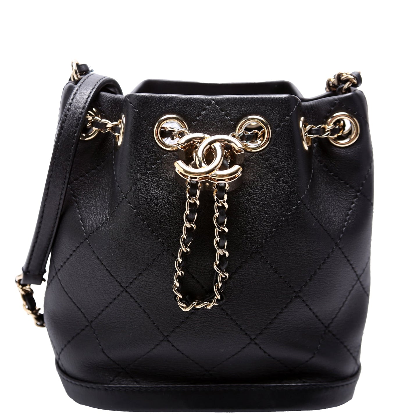 Chanel CC Mini Chain Bucket Bag Stitched Calfskin 28M Black