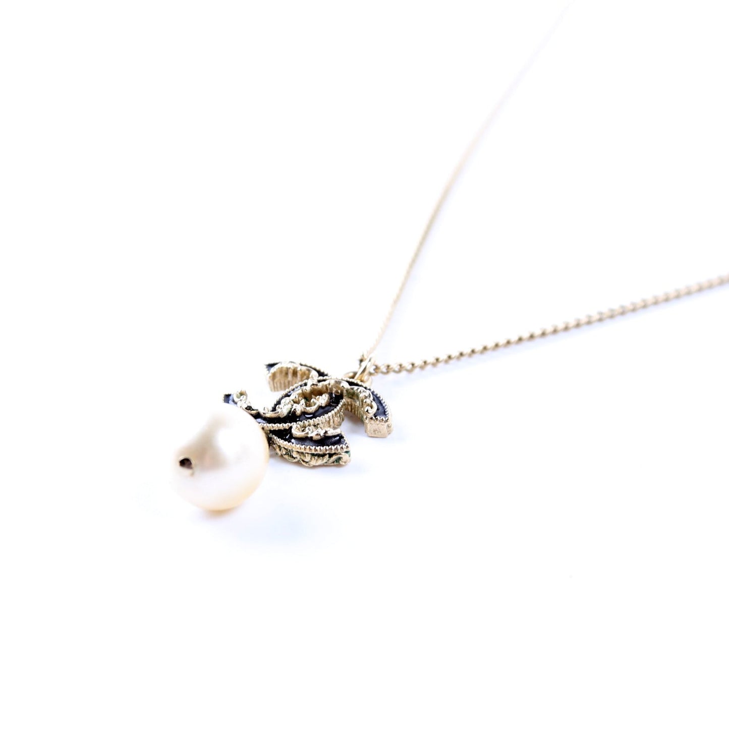 Chanel CC Enamel Faux Pearl Drop Necklace Gold/Pearl