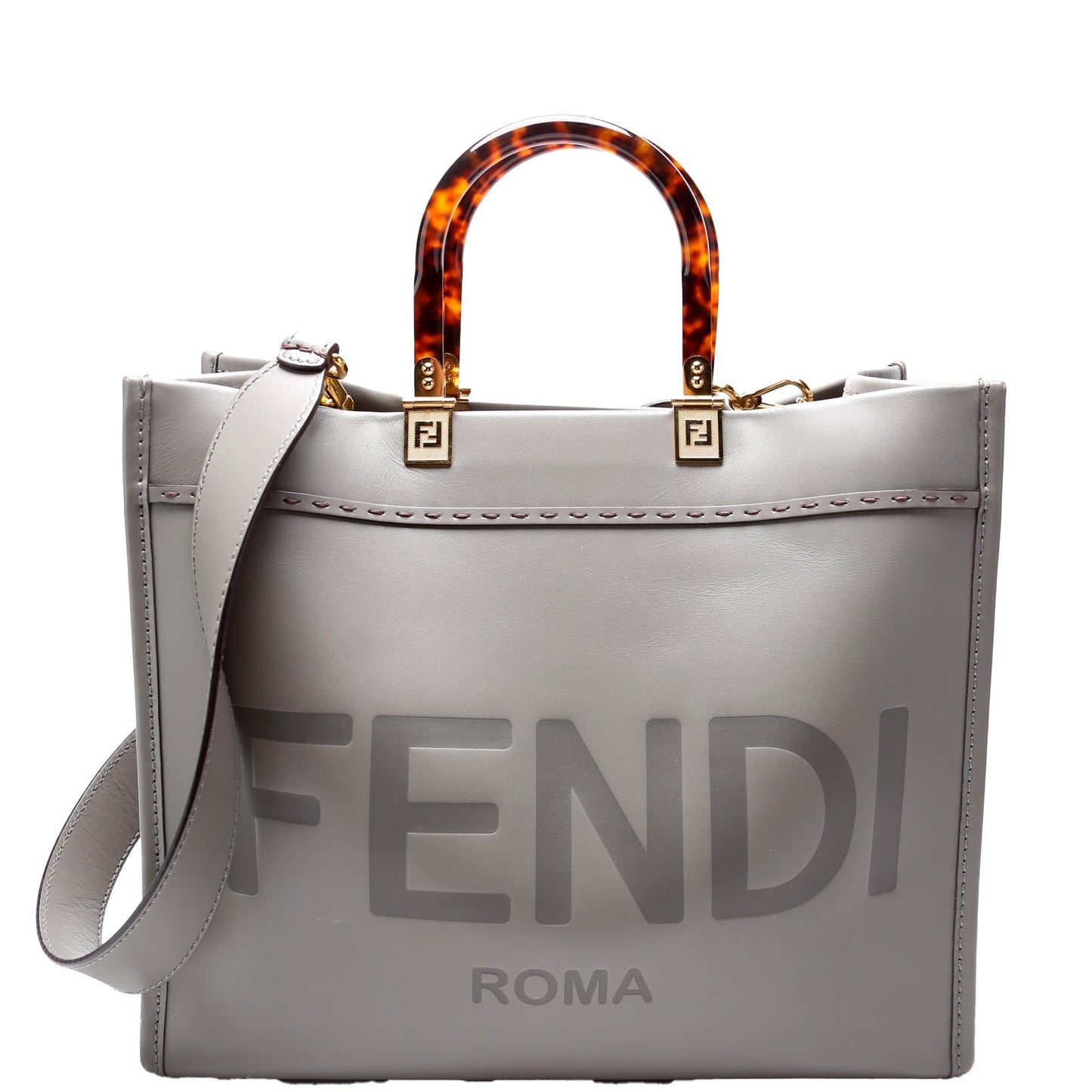 Fendi Sunshine Shopper Grey Bag Leather Gray Medium Travel Bag