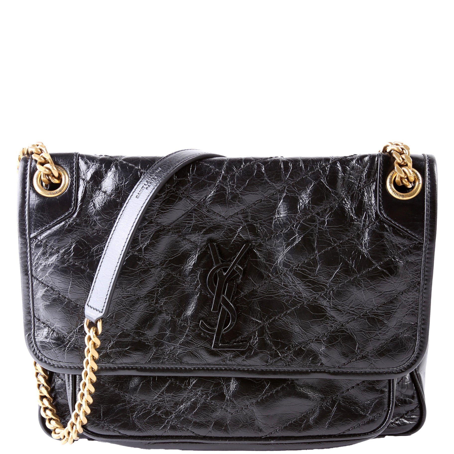 YSL Saint Laurent Niki Crinkle Bag Leather Black Medium Travel Bag