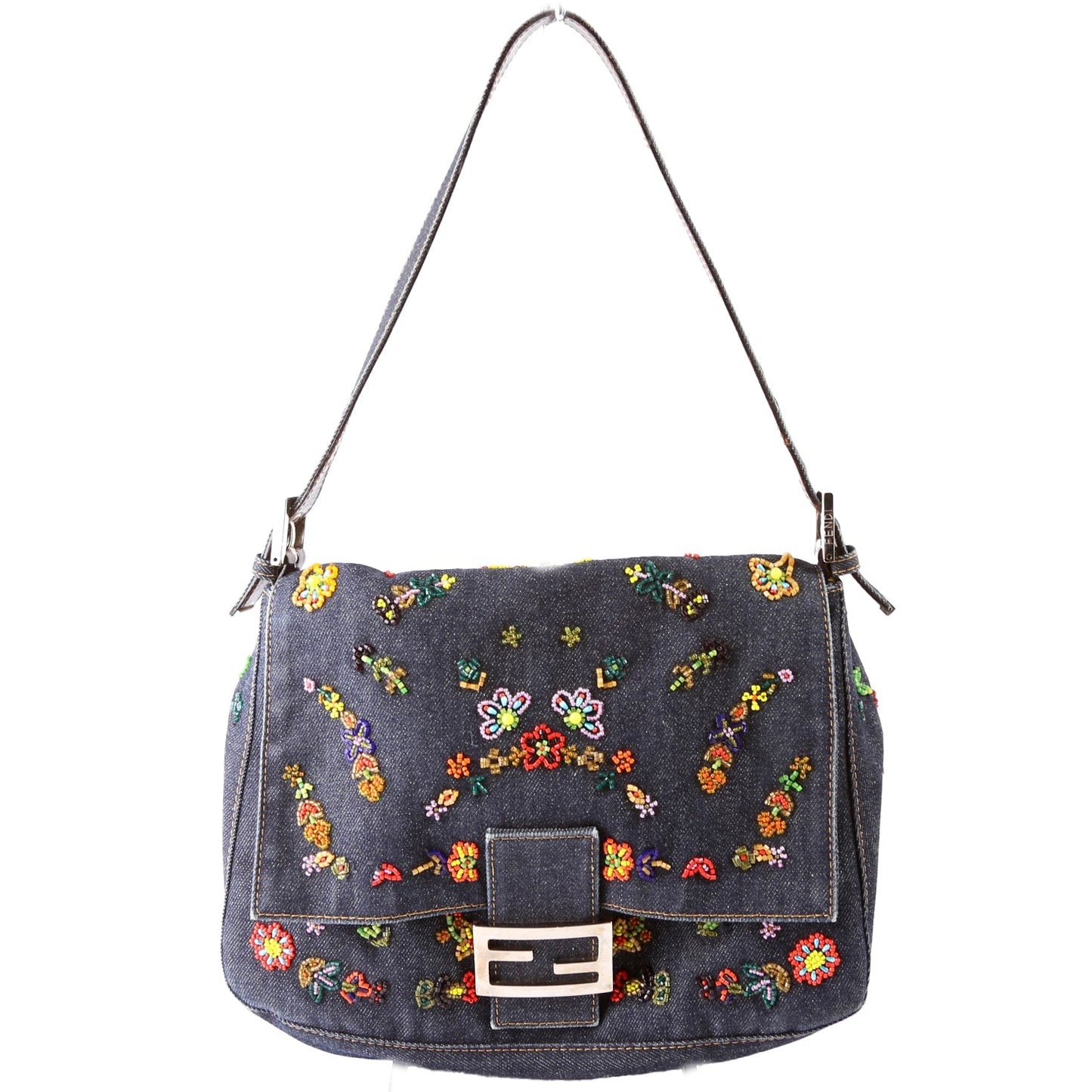 Fendi Beaded Mamauette Bag Denim Navy Multicolor Travel Bag