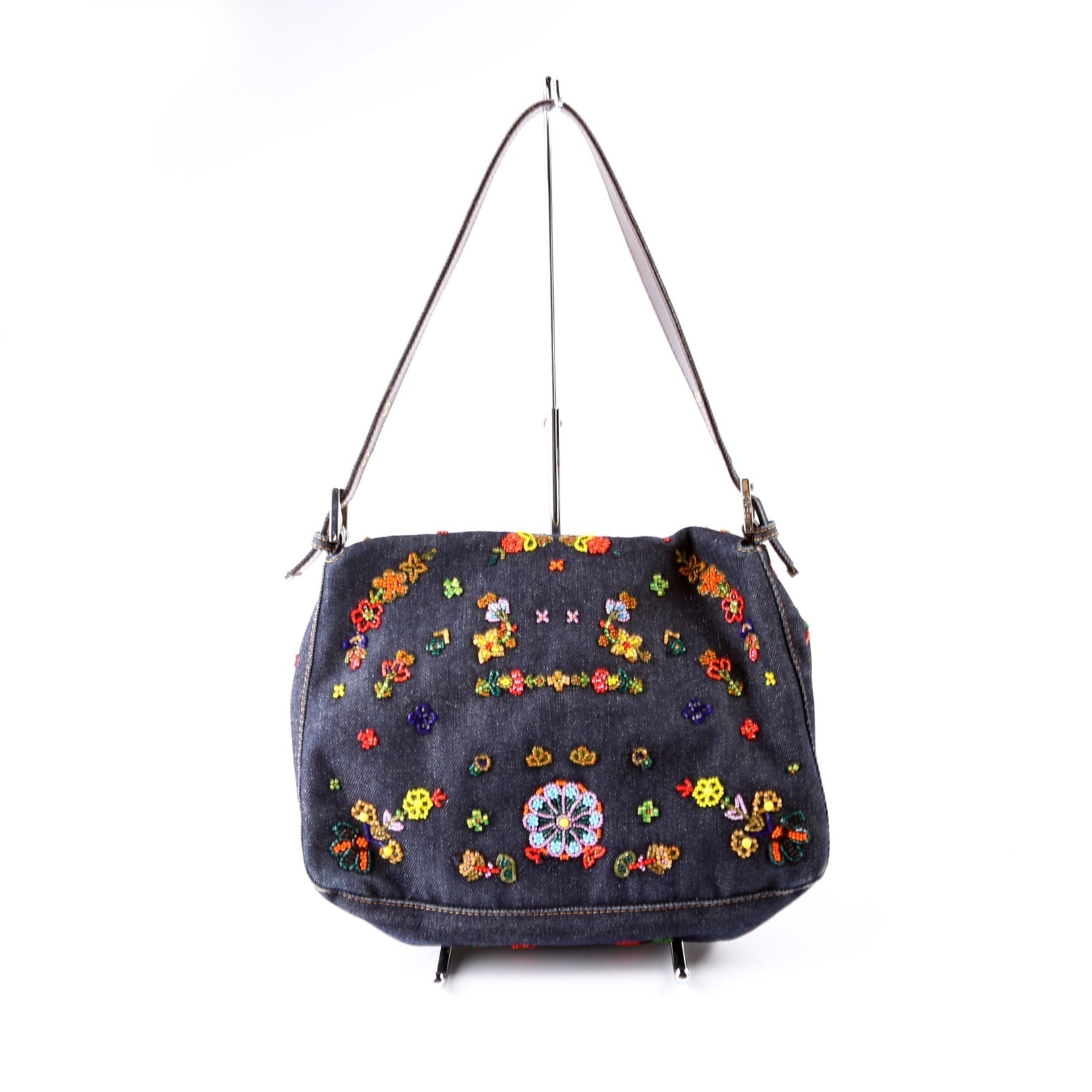 Fendi Beaded Mamauette Bag Denim Navy Multicolor Travel Bag