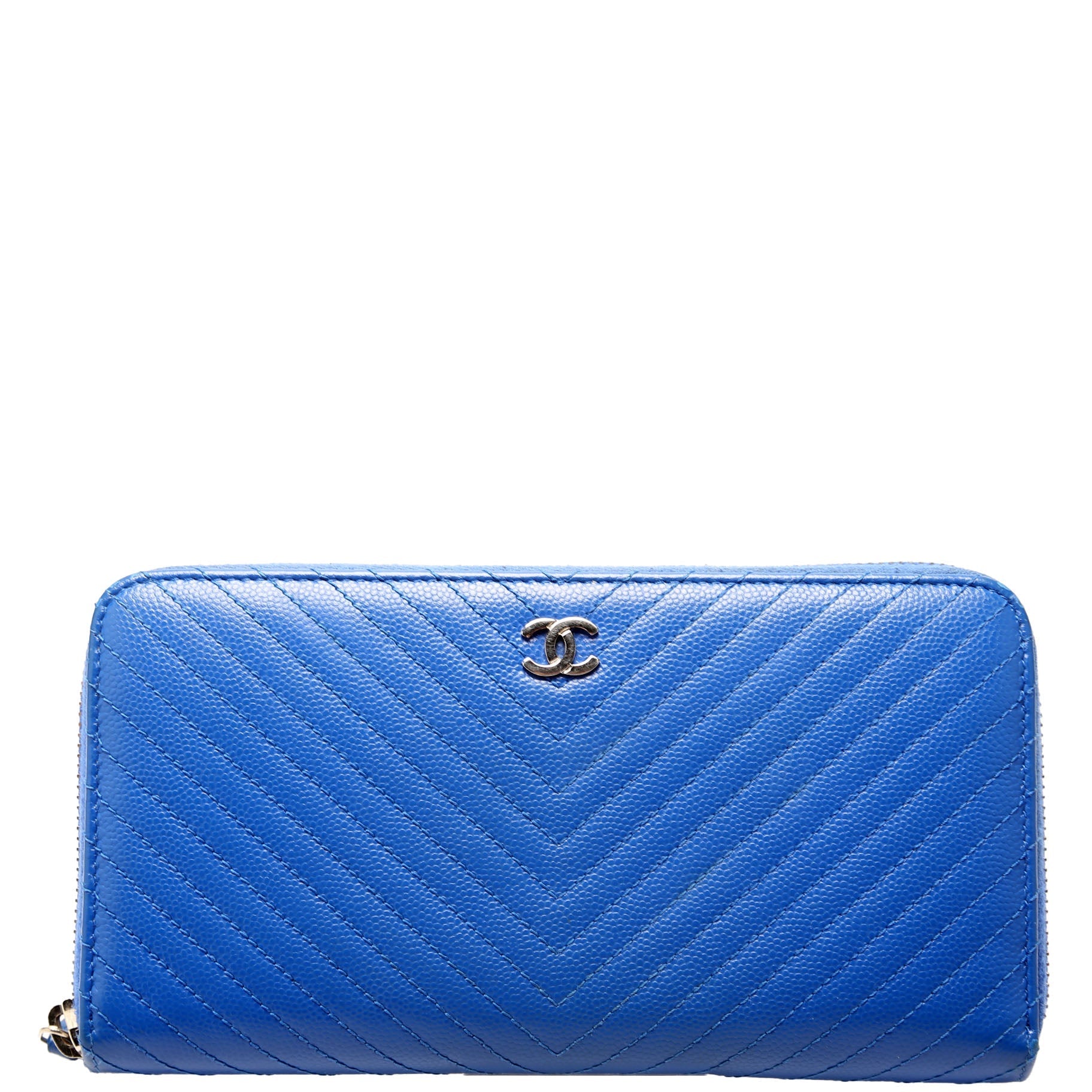 Chanel Chevron Zip Around Wallet Blue