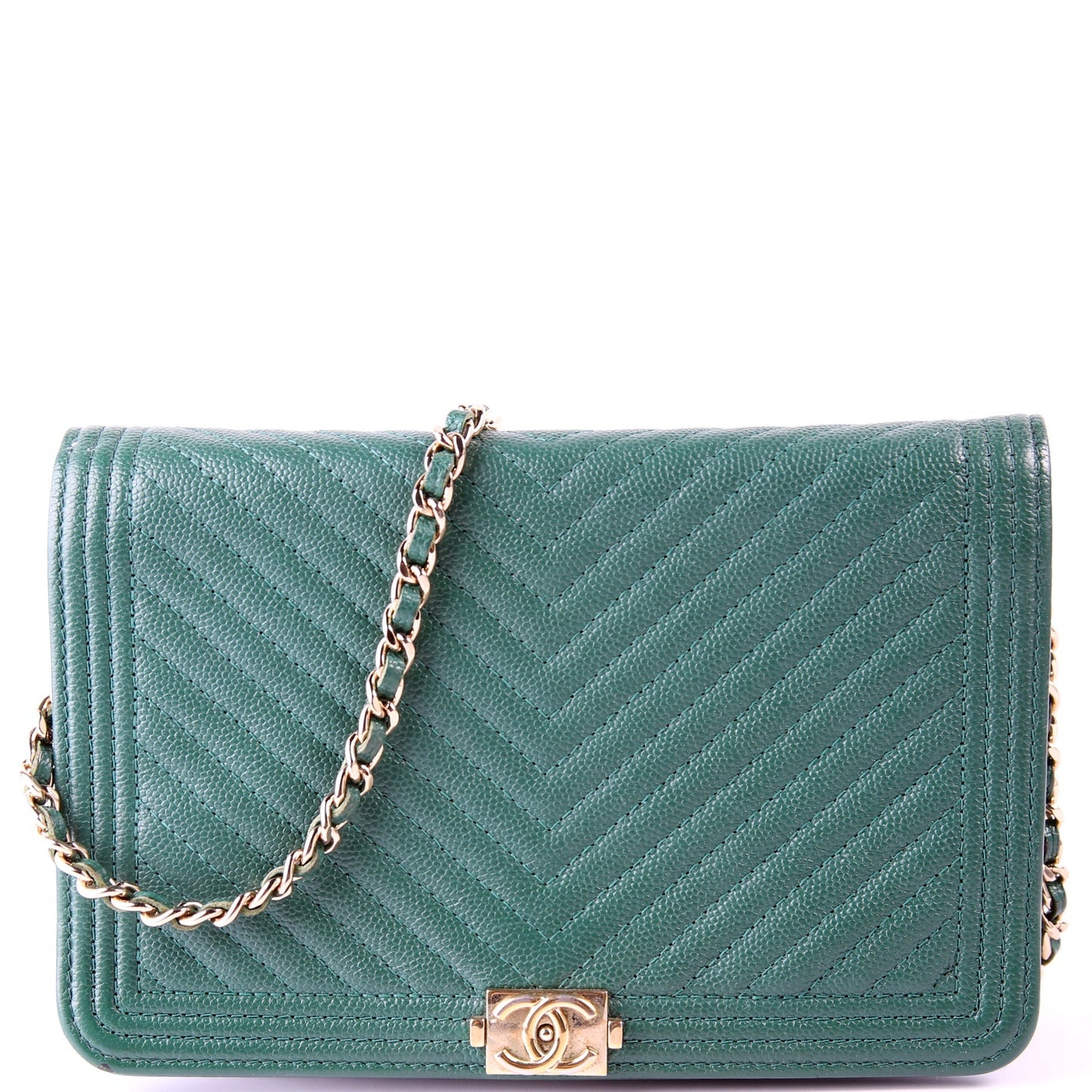 Chanel On Boy Chevron Caviar Green Leather Wallet Case Green 2