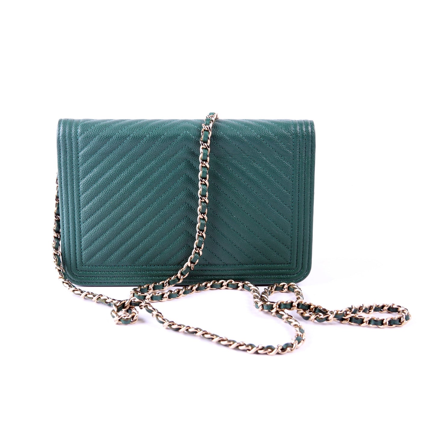Chanel On Boy Chevron Caviar Green Leather Wallet Case Green 2