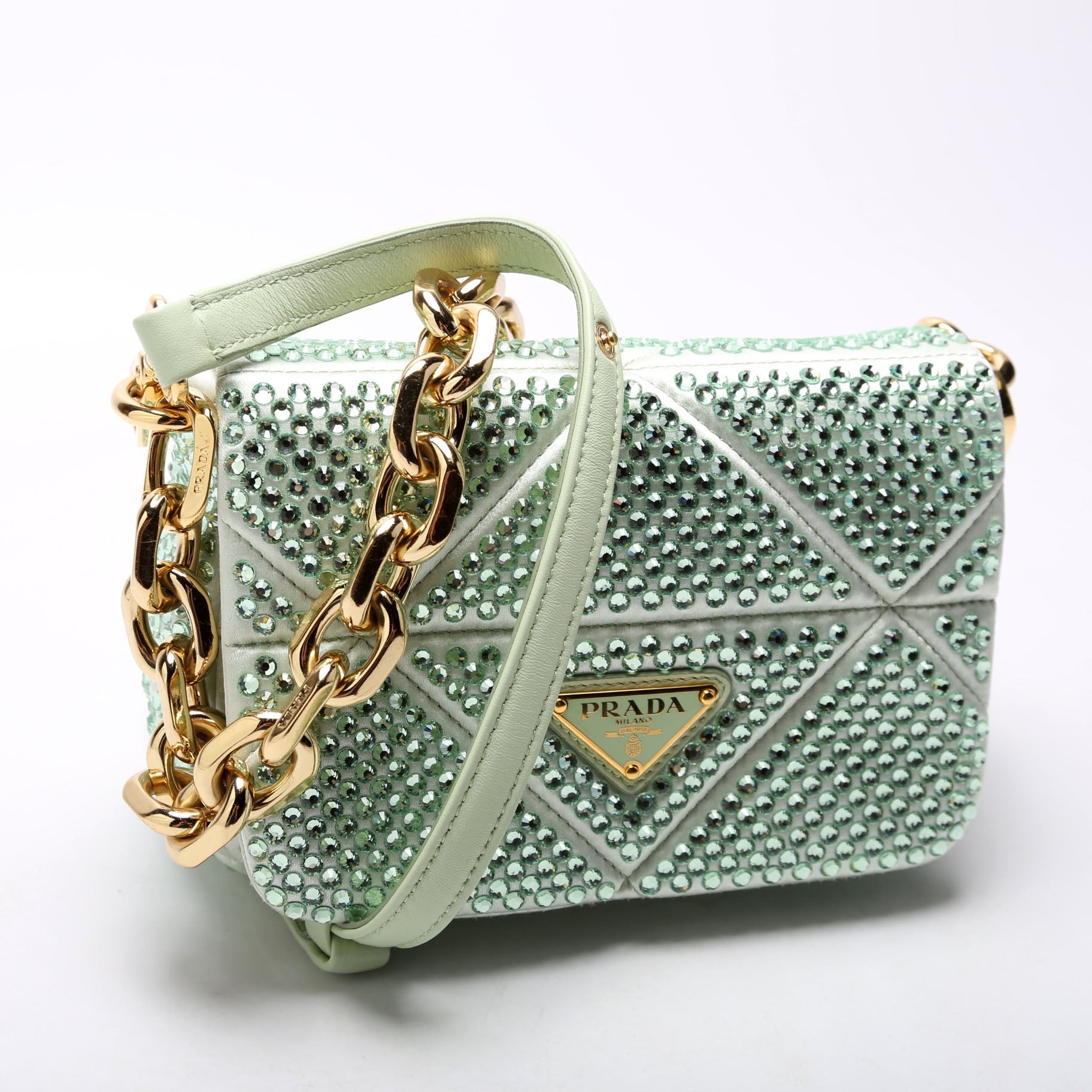 Prada Triangle Crystal Shoulder Bag Green Logo