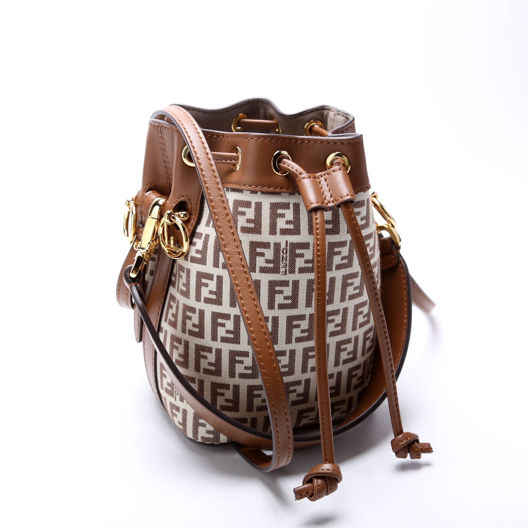 Fendi 8Bs010 Tresor Ff Bag Leather Canvas Brown Bucket Bag