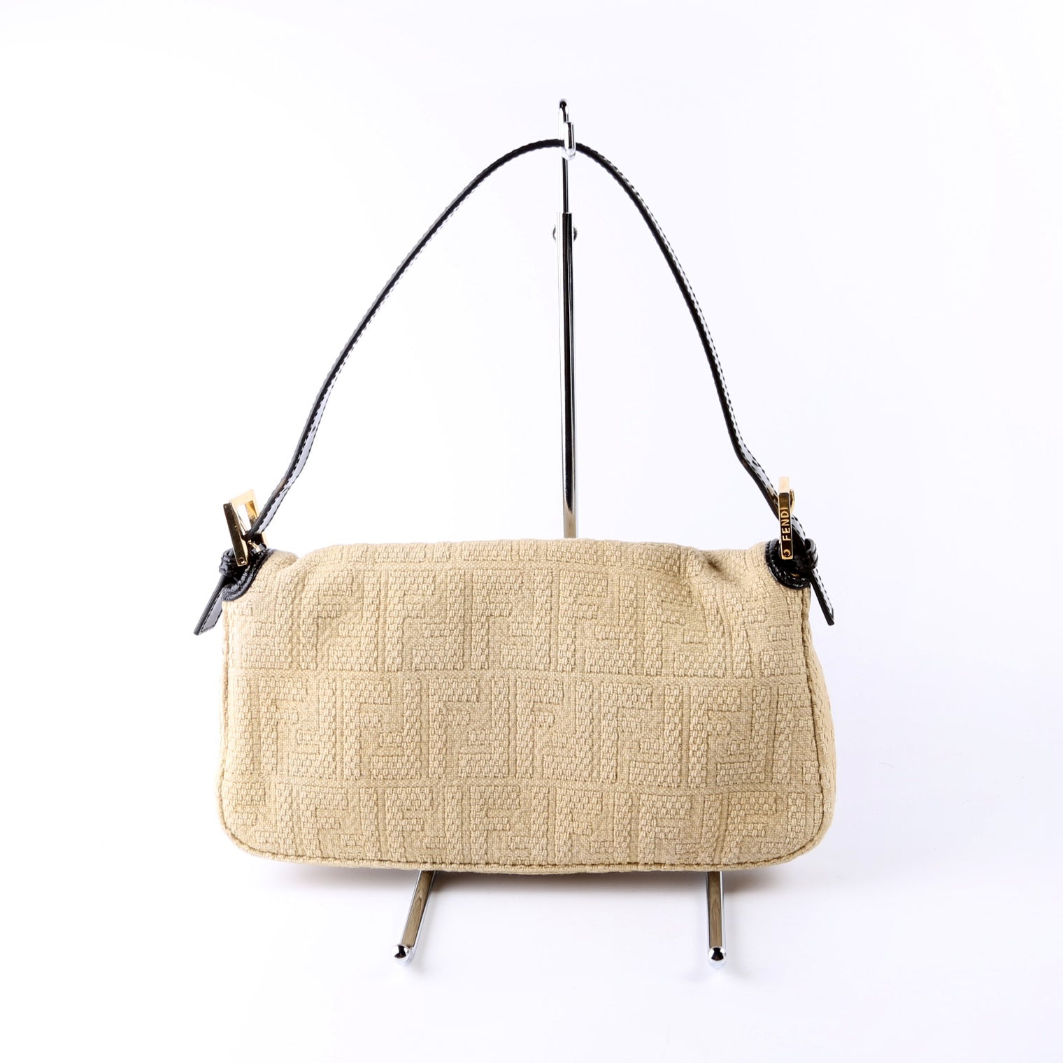Fendi 8Br600Uette Ff Wood Bag Black Beige Woven Travel Bag
