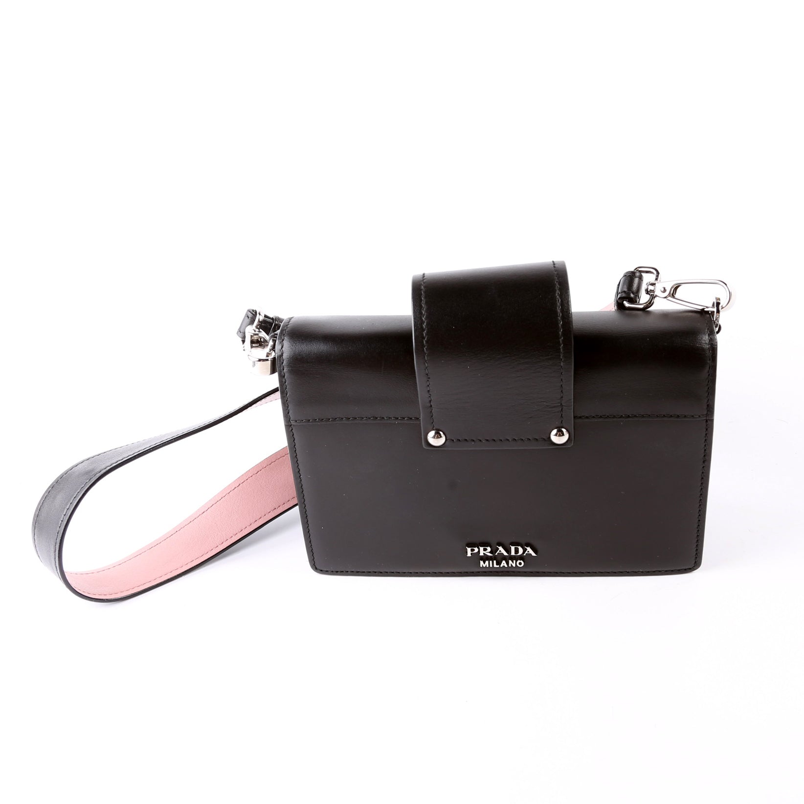 Prada City Calf Plex Ribbon Shoulder Bag Black Pink
