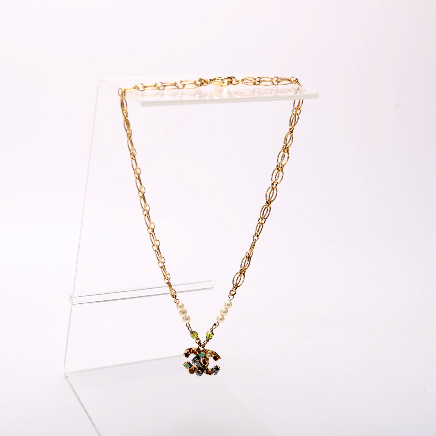 Chanel Beaded CC Double Chain Necklace Gold/Multicolor