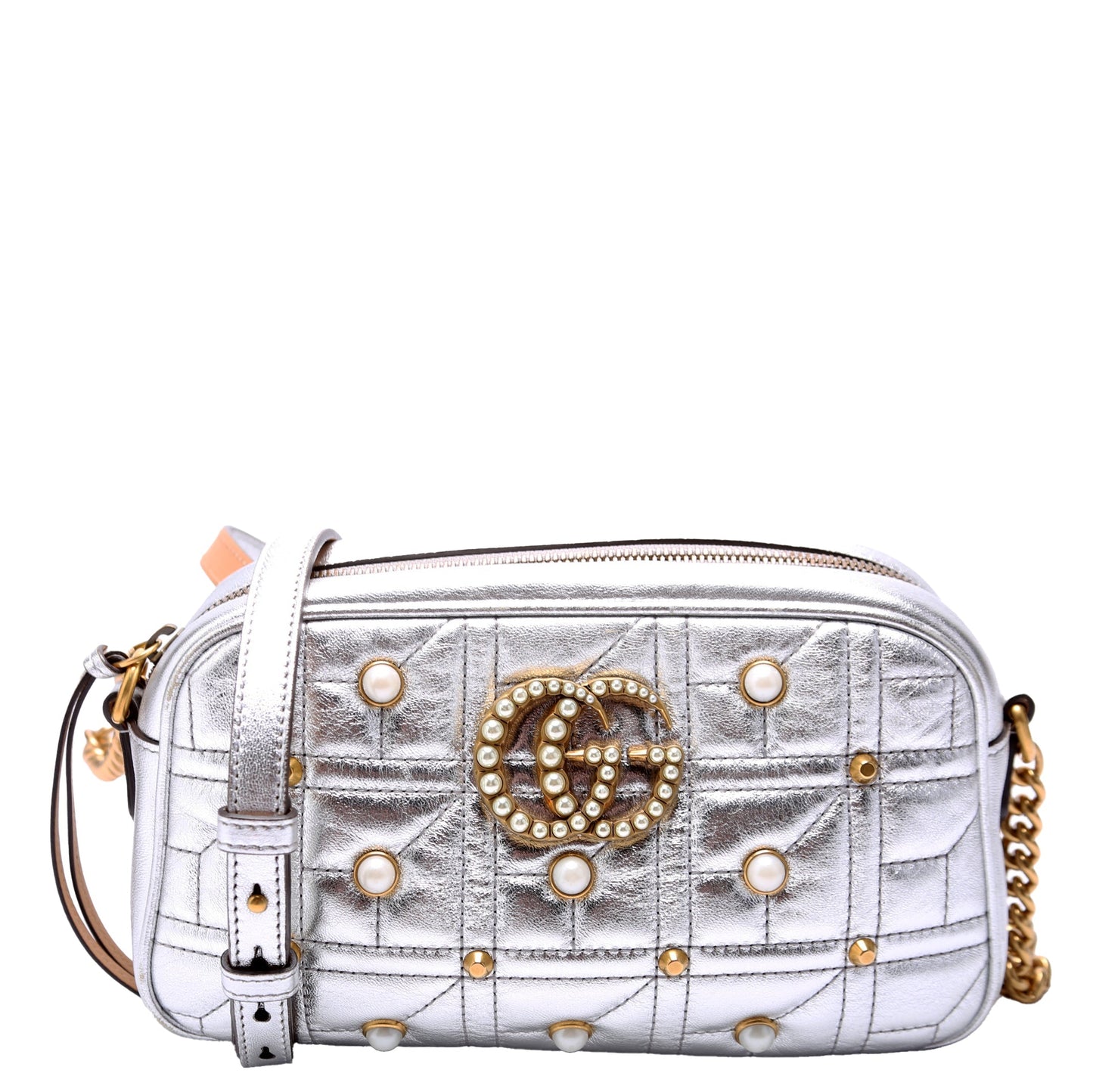 Gucci Marmont Pearl Camera Leather Silver Small Handbag