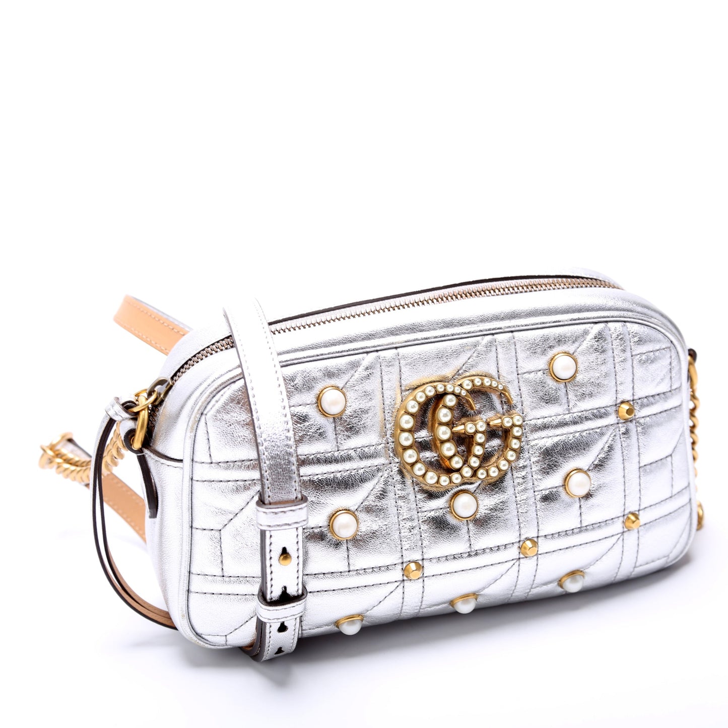 Gucci Marmont Pearl Camera Leather Silver Small Handbag
