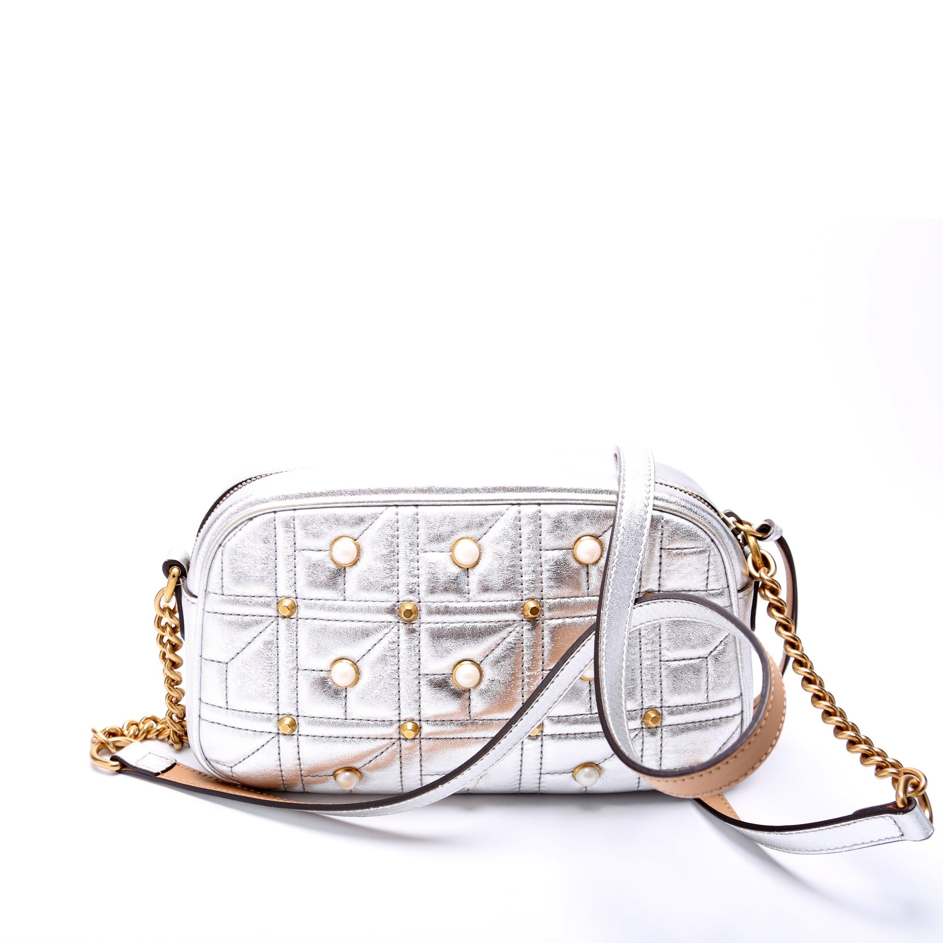 Gucci Marmont Pearl Camera Leather Silver Small Handbag
