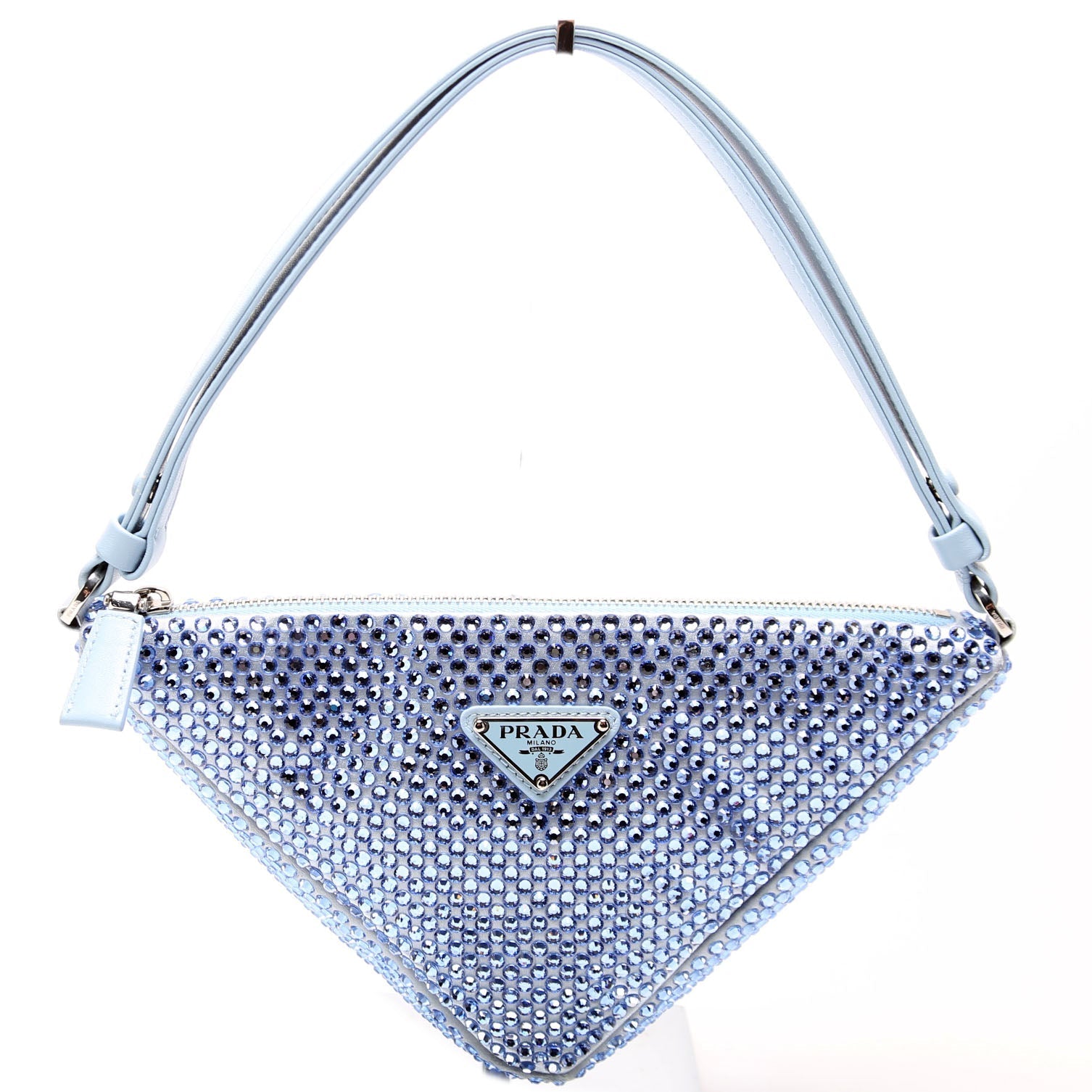 Prada Crystal Triangle Pouch Bag Satin Blue Travel Bag