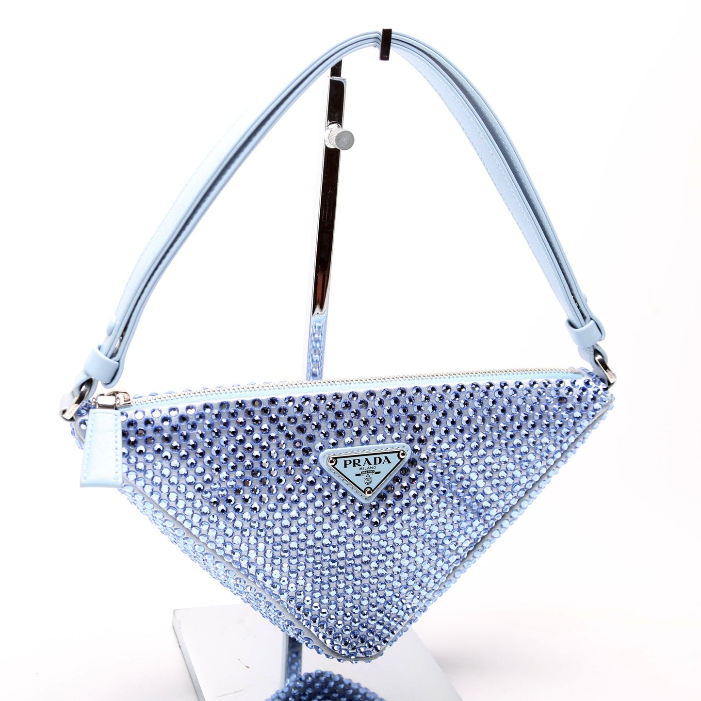 Prada Crystal Triangle Pouch Bag Satin Blue Travel Bag